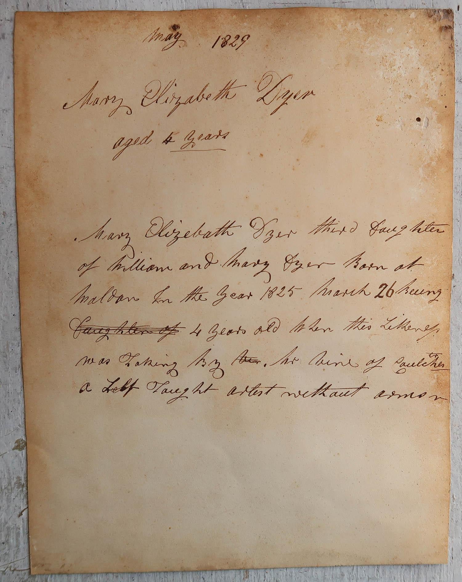 English Portrait of Mary Elizabeth Dyer, Aged 4. Dated 1829 For Sale