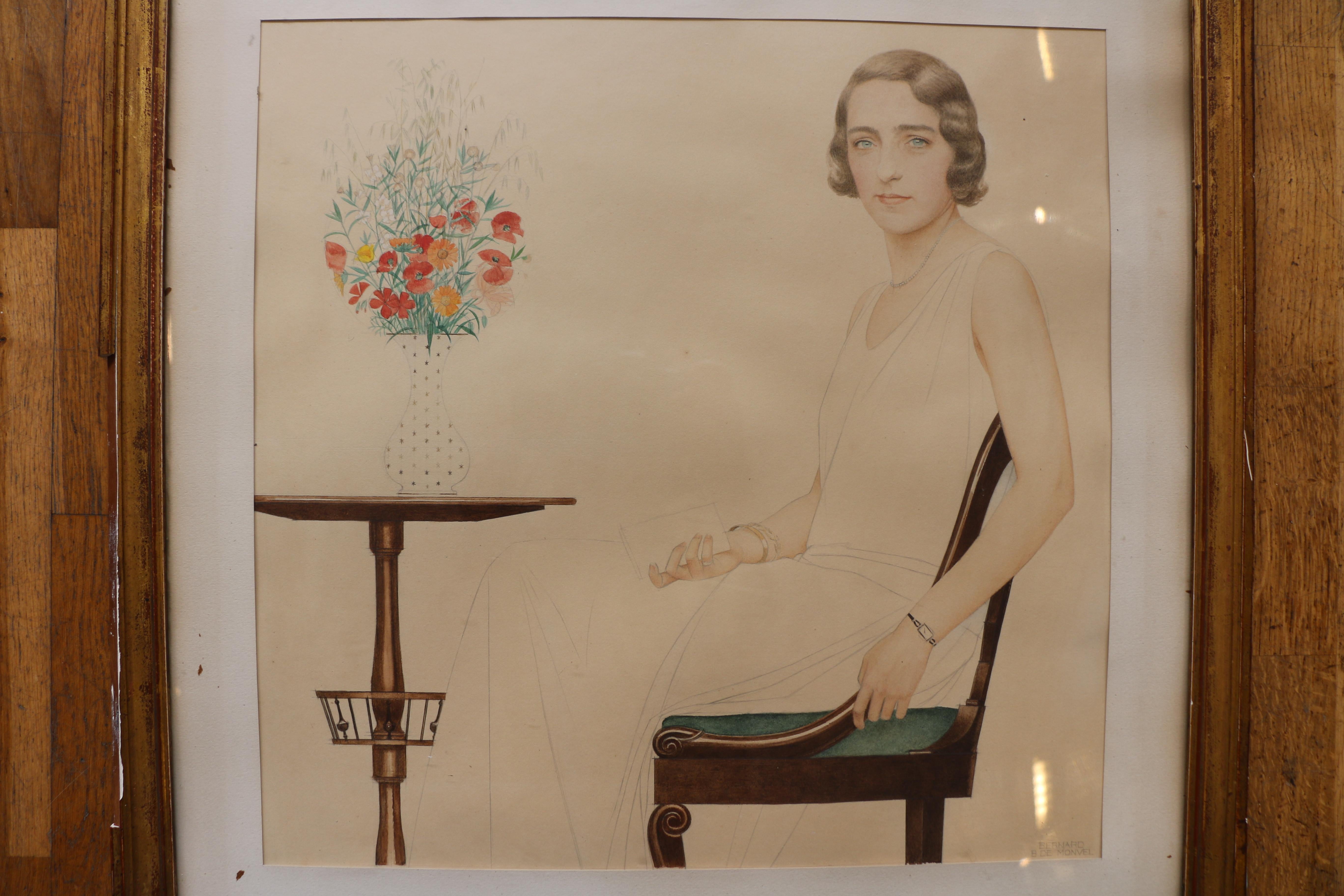 Exceptional watercolor by renowned painter Bernard Boutet de Montvel (1881-1949). Watercolor and black pencil on thick paper. Signed bottom right. With its original frame (in poor condition). The painting is the portrait of Ms Lise Brissaud whose