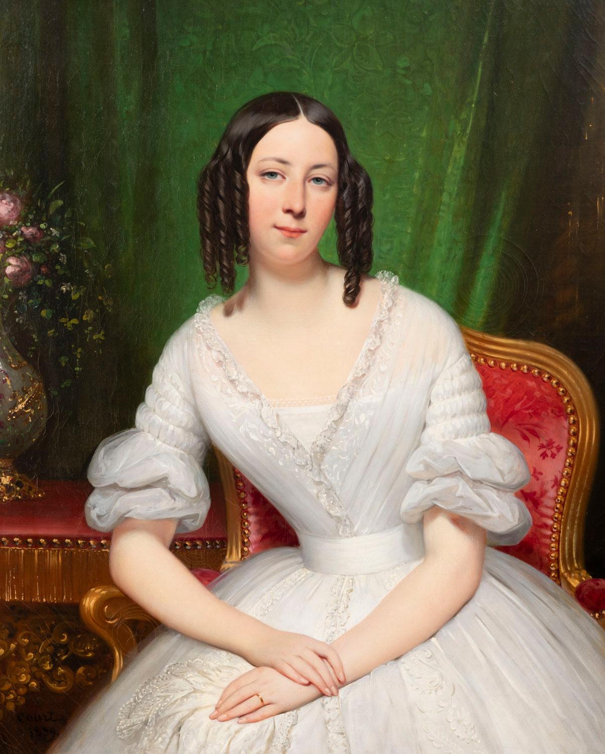 High quality portrait representing a young woman wearing a white dress in a bourgeois interior. We must thank Mr. Jean Loup Legay, an expert on Joseph-Désiré Court, for identifying the model:
Mrs. Louise-Marie-Eléonore Poulet, daughter of the mayor