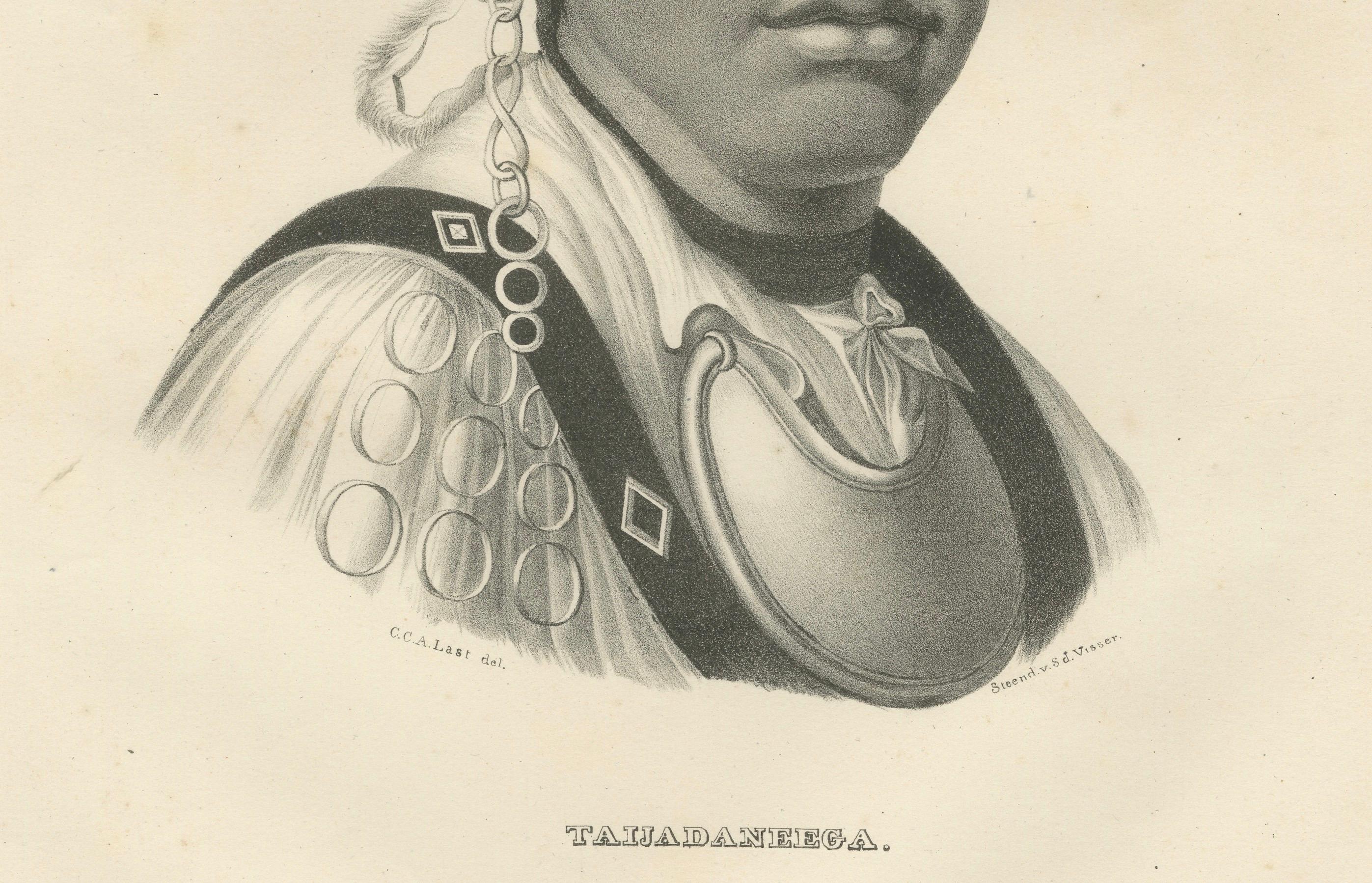 Diese von Karl Joseph Brodtmann geschaffene Lithografie zeigt Tawadanega, eine Person, deren Name auf eine indianische Abstammung schließen lässt, wahrscheinlich von einem der Stämme der Eastern Woodlands. Das Porträt hebt die besonderen Merkmale