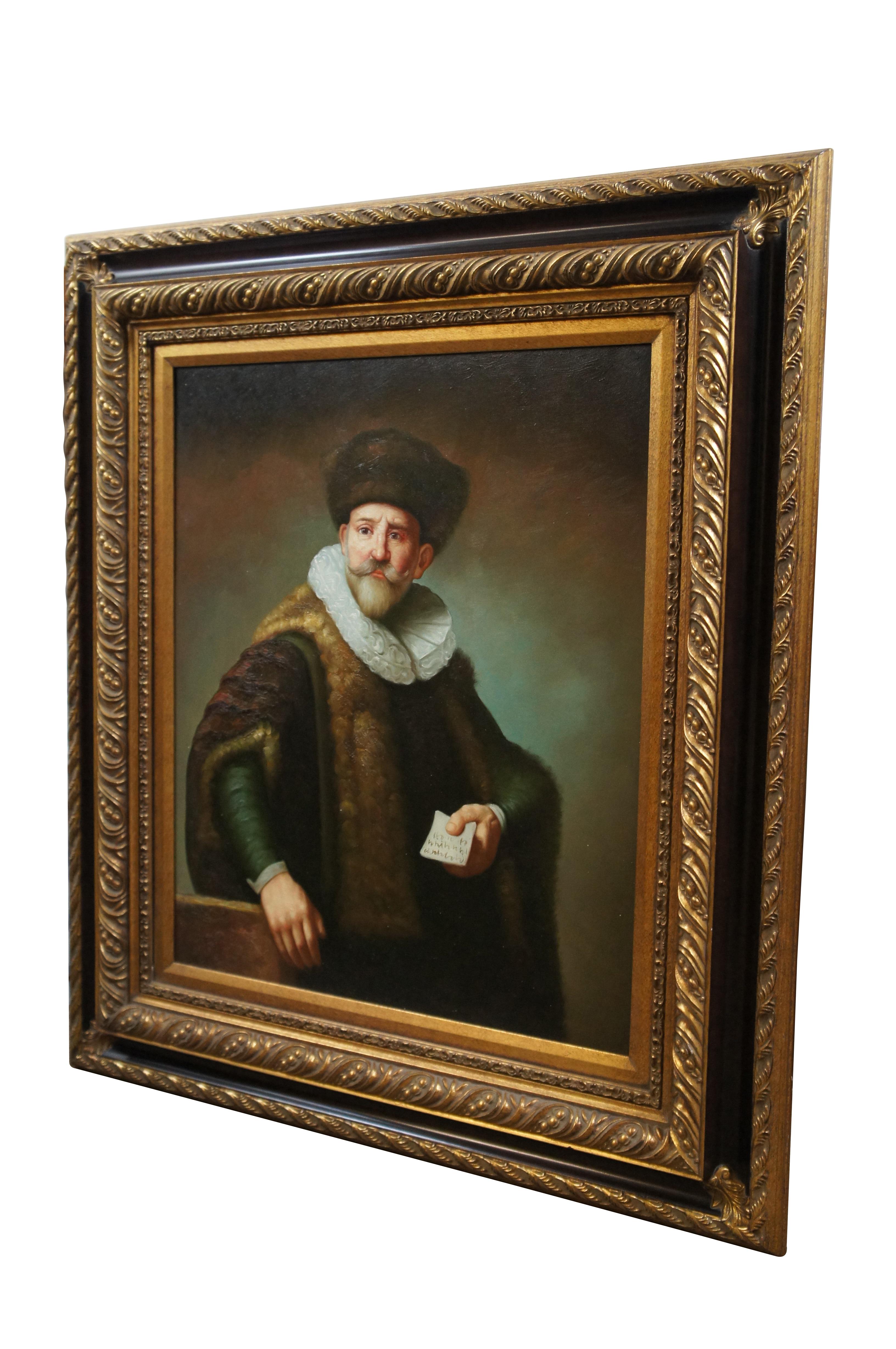 Late 20th century hand painted reproduction oil on canvas painting after “Portrait of Nicolaes Ruts” originally painted in 1631 by Rembrandt van Rijn. This portrait of a fur trader was one of Rembrandt's earliest commissioned pieces and helped