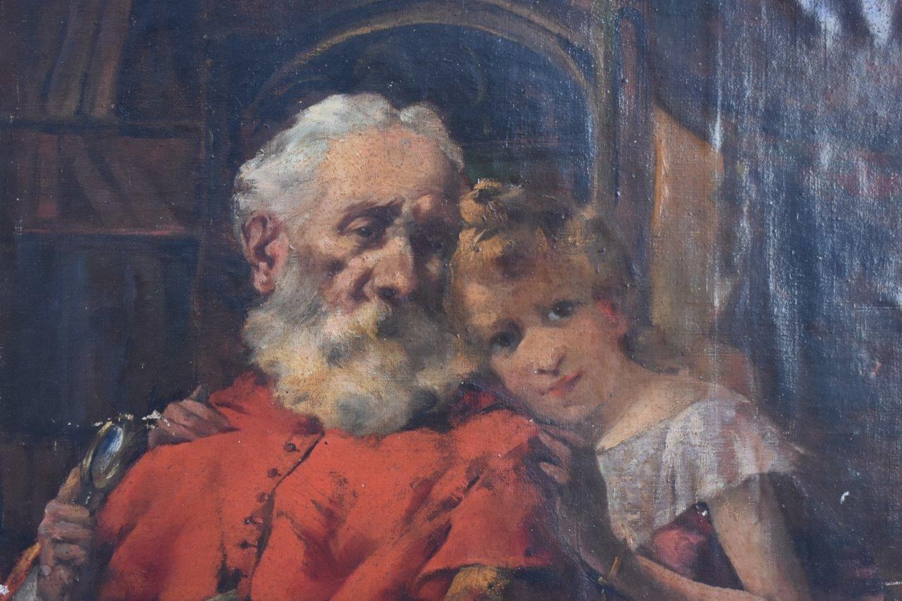 Porträt eines alten Mannes mit Katze. Öl auf Leinwand von Fernand Paillet (1850-1918). Giltwood gerahmt.