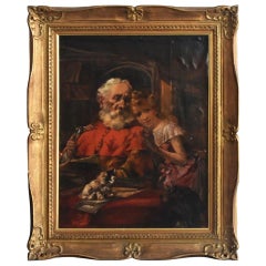 Antique "Portrait of Old Man and Cat" Oil on Canvas by Paillet