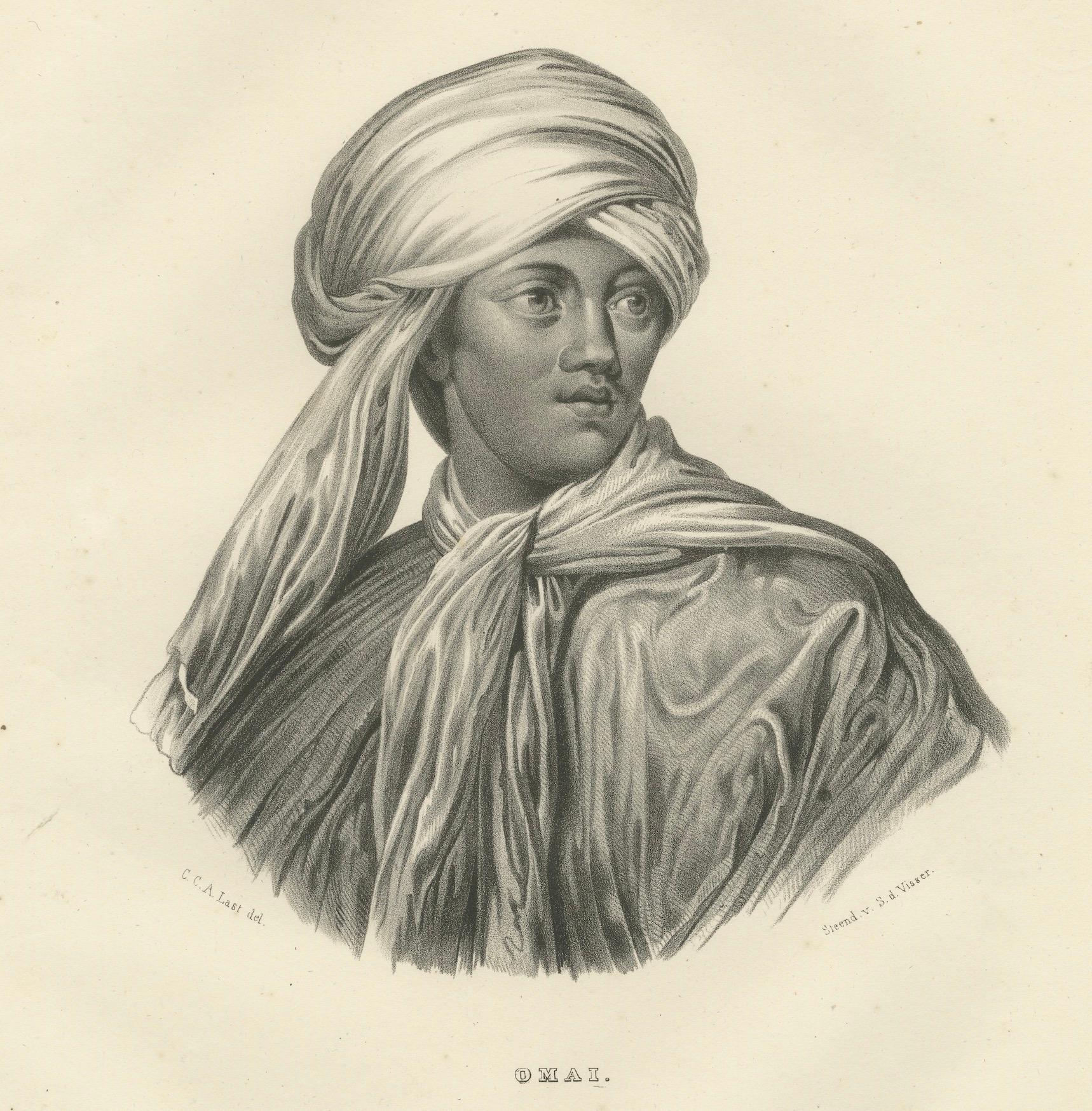 Diese Lithografie mit dem Titel Omai von Karl Joseph Brodtmann ist ein Beispiel für die ethnografischen Studien des Künstlers und zeigt ein Porträt von Omai, einer bedeutenden Persönlichkeit aus Polynesien, die Europa im 18. Dieses Werk verdeutlicht