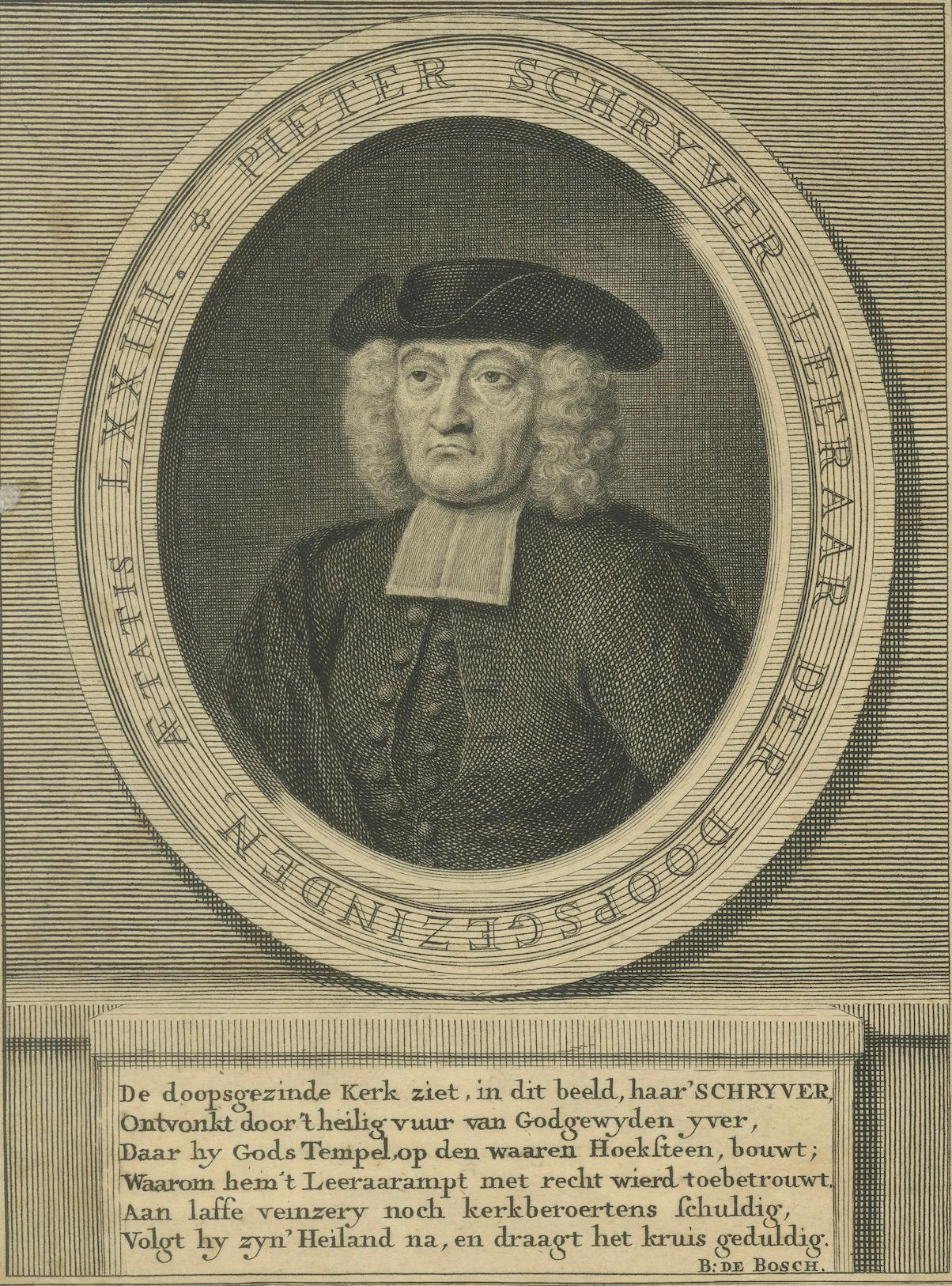 Portrait de Pieter Schrijver - prédicateur mennonite, gravure de Jacob Folkema, 1739

Ce portrait finement détaillé du XVIIIe siècle représente Pieter Rever (1663-1706), éminent prédicateur et écrivain mennonite néerlandais, vénéré pour son