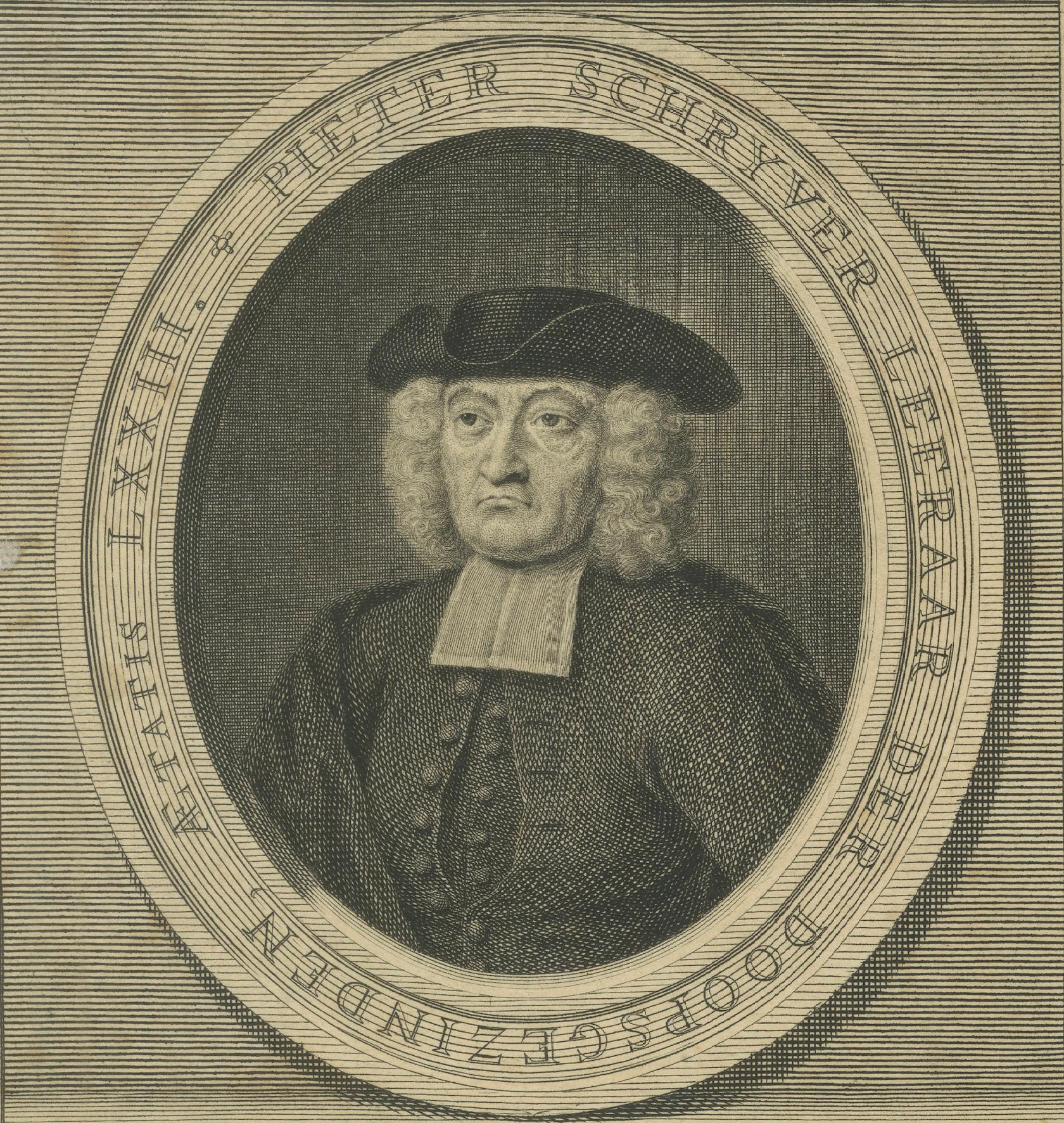 Néerlandais Portrait de Pieter Schrijver - prédicateur mennonite, gravure de J.Folkema, 1739 en vente