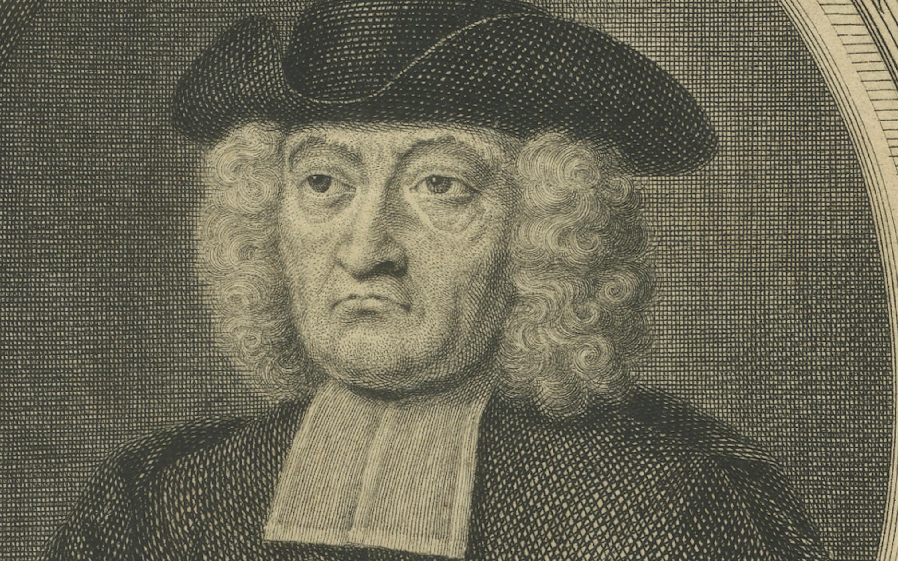 Gravé Portrait de Pieter Schrijver - prédicateur mennonite, gravure de J.Folkema, 1739 en vente