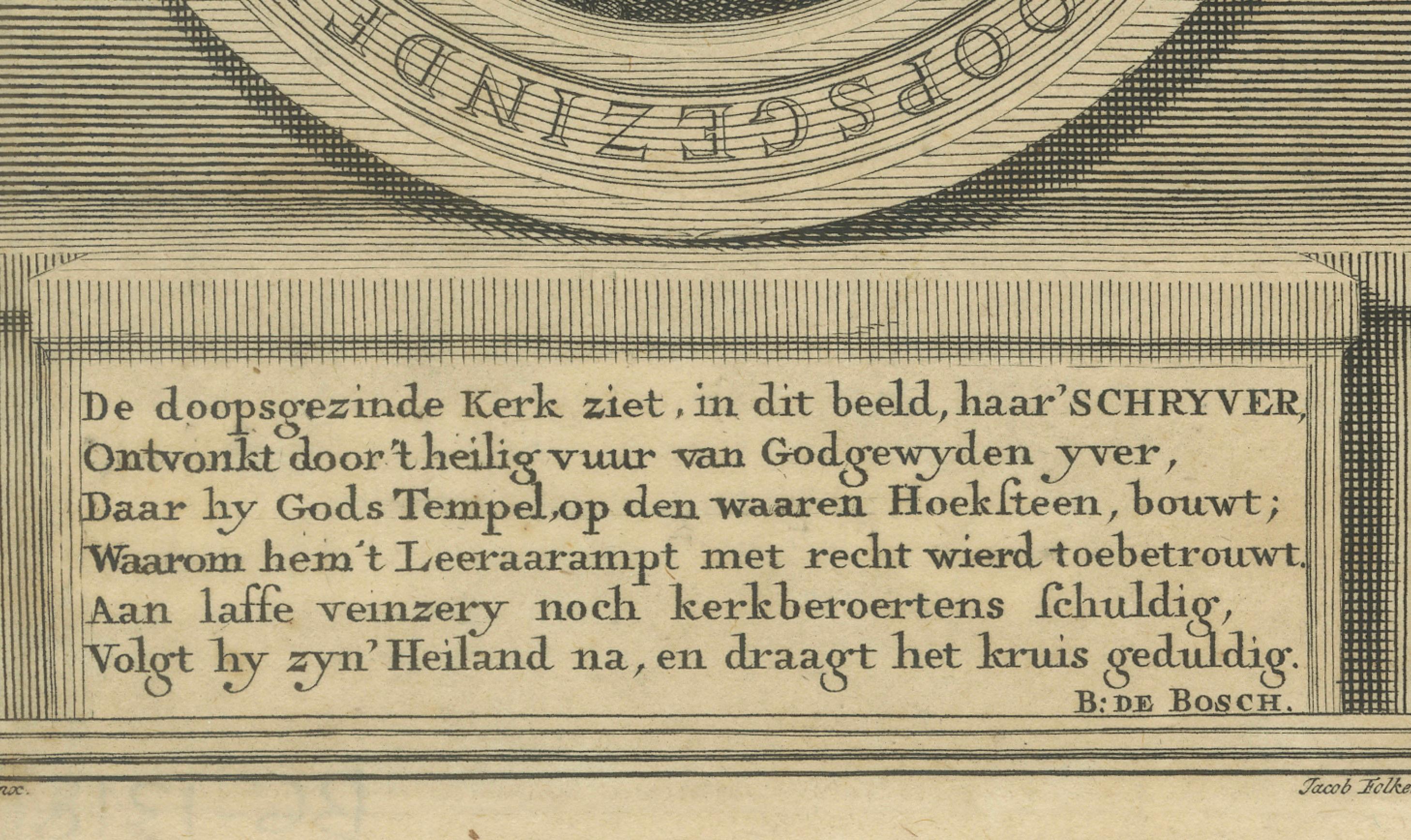 Portrait de Pieter Schrijver - prédicateur mennonite, gravure de J.Folkema, 1739 Bon état - En vente à Langweer, NL