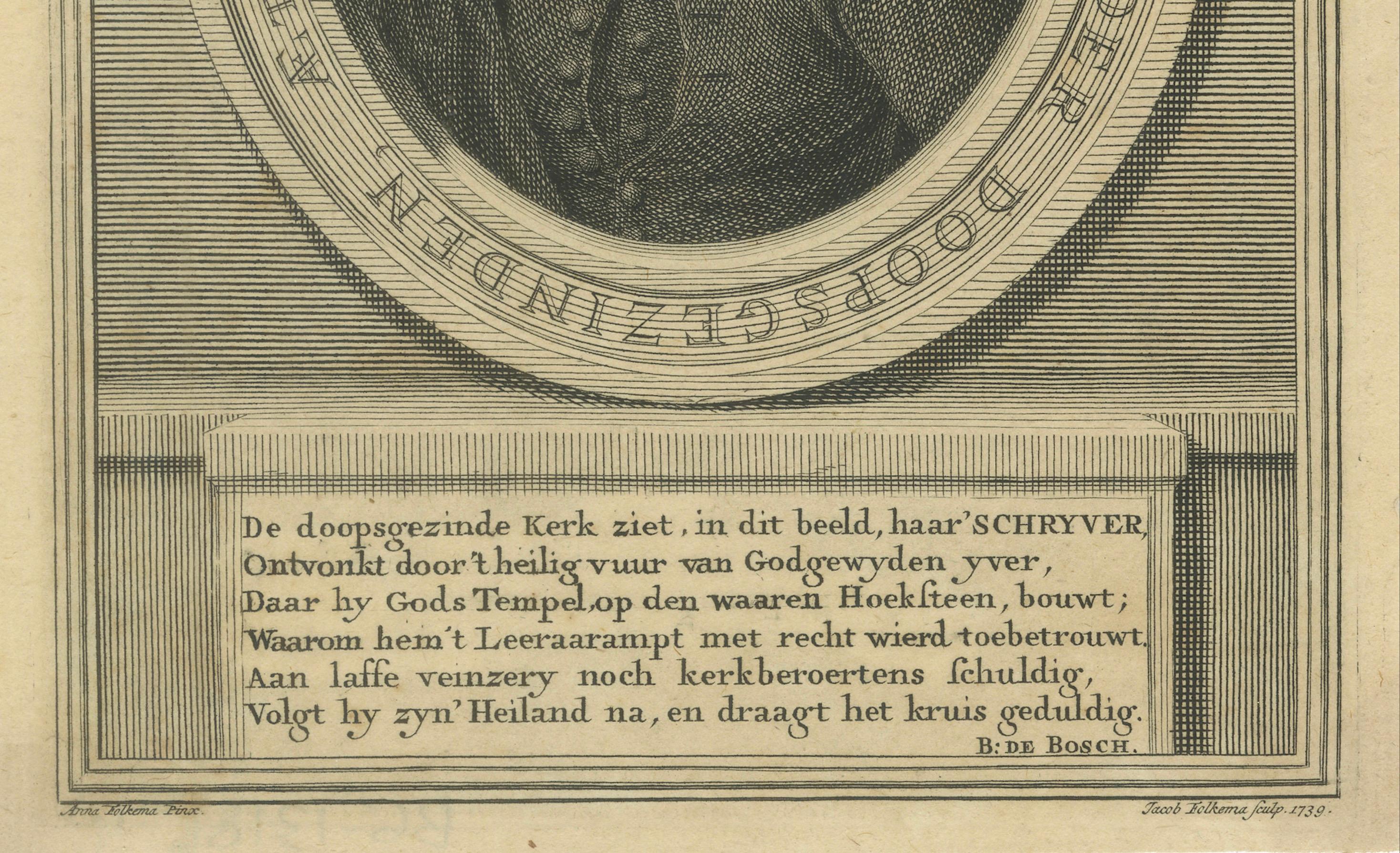XVIIIe siècle Portrait de Pieter Schrijver - prédicateur mennonite, gravure de J.Folkema, 1739 en vente