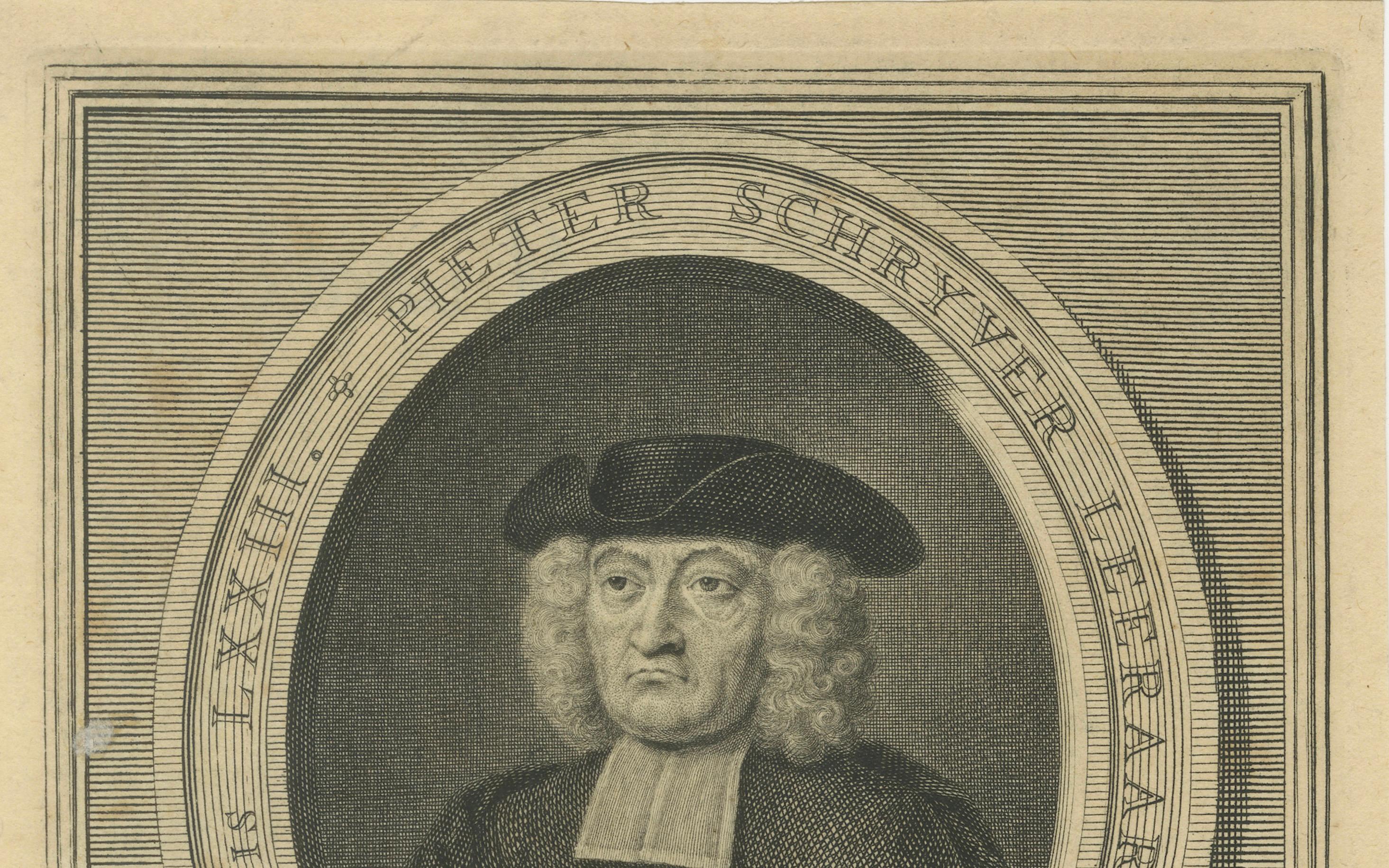 Papier Portrait de Pieter Schrijver - prédicateur mennonite, gravure de J.Folkema, 1739 en vente
