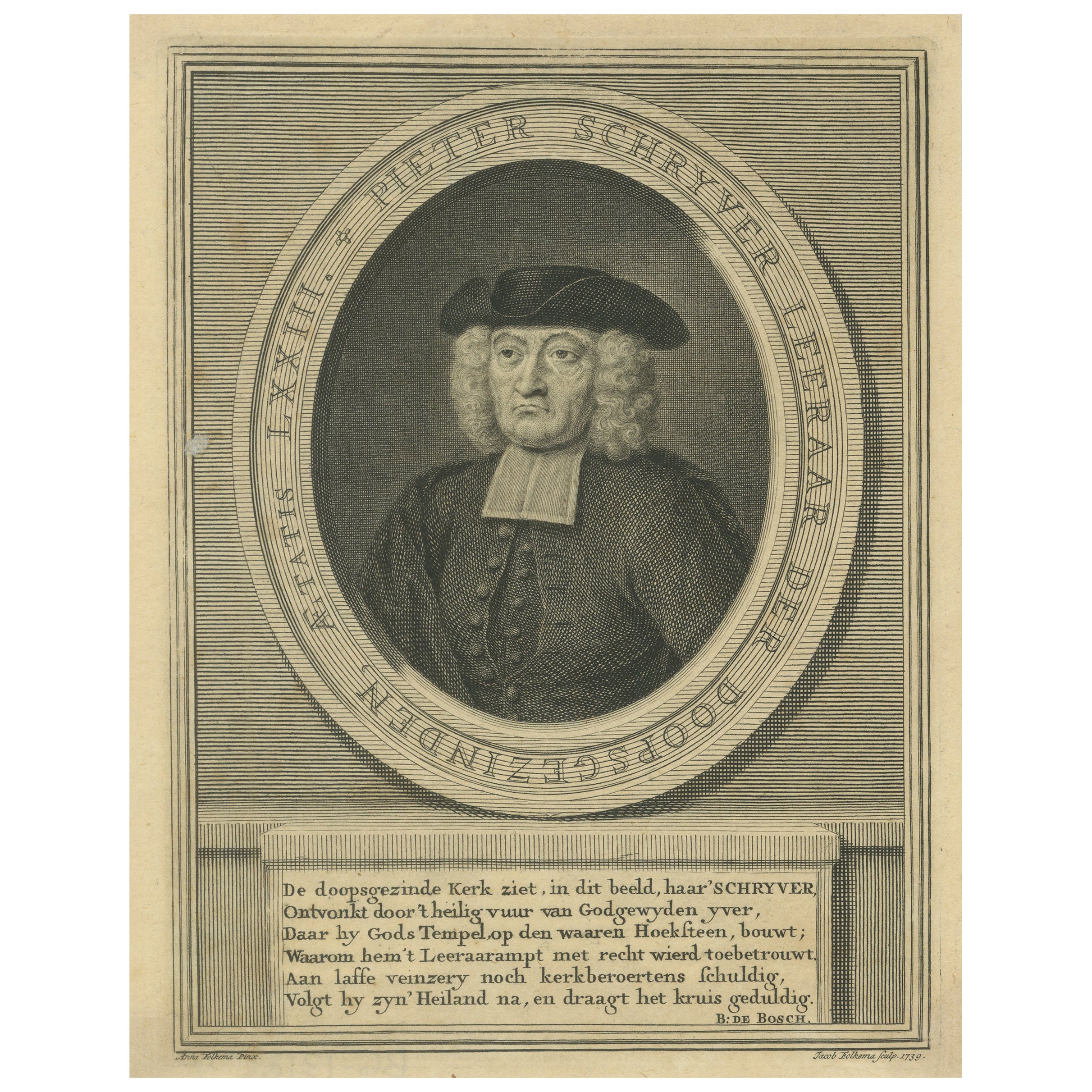 Porträt von Pieter Schrijver - Mennonitenprediger, Kupferstich von J. Folkema, 1739