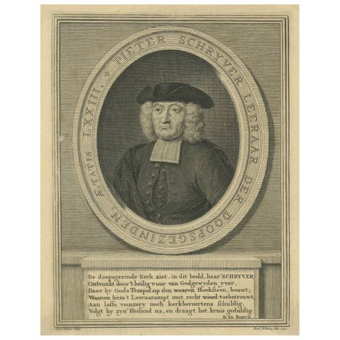 Portrait of Pieter Schrijver – Mennonite Preacher, Engraving by J.Folkema, 1739