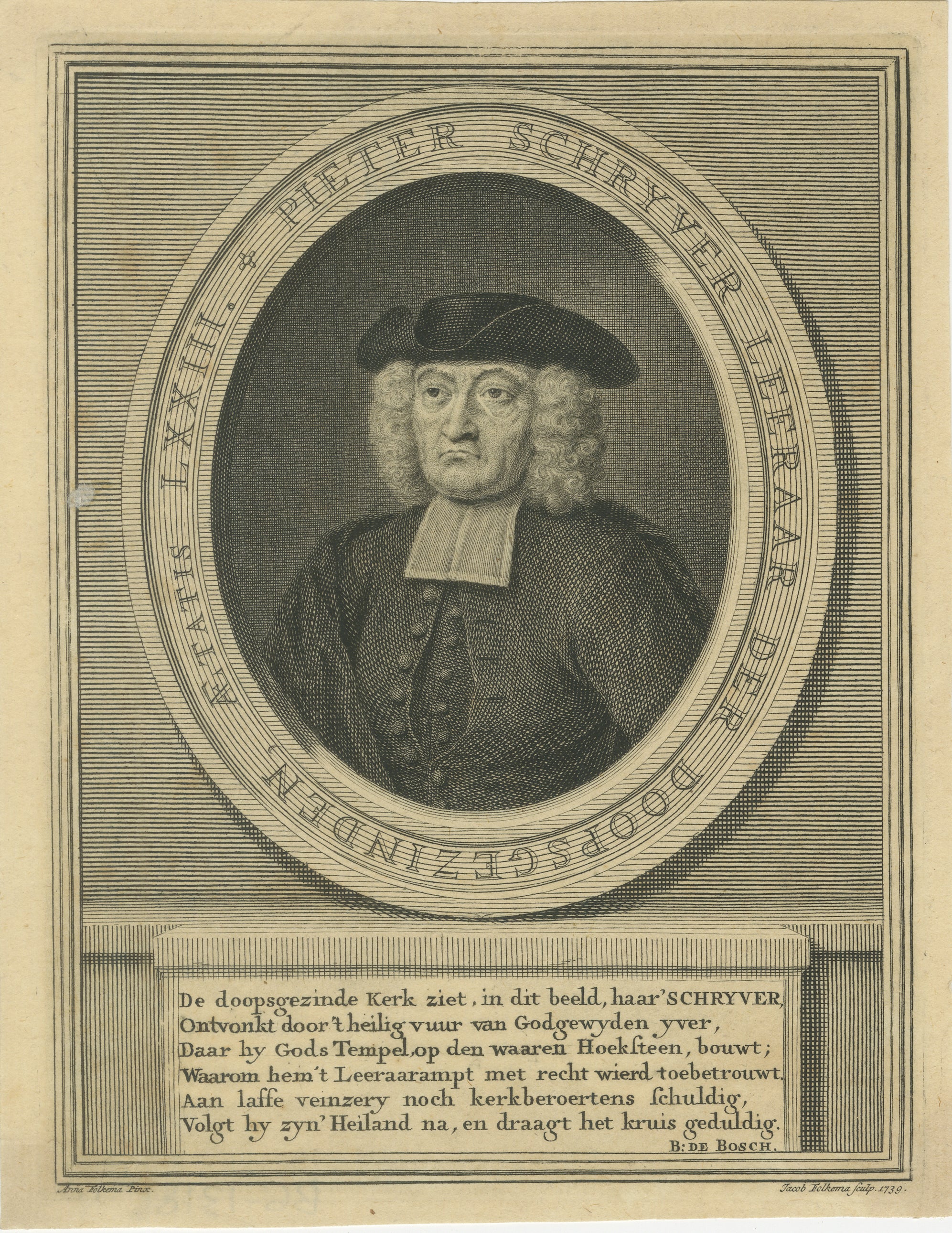 Portrait de Pieter Schrijver - prédicateur mennonite, gravure de J.Folkema, 1739 en vente
