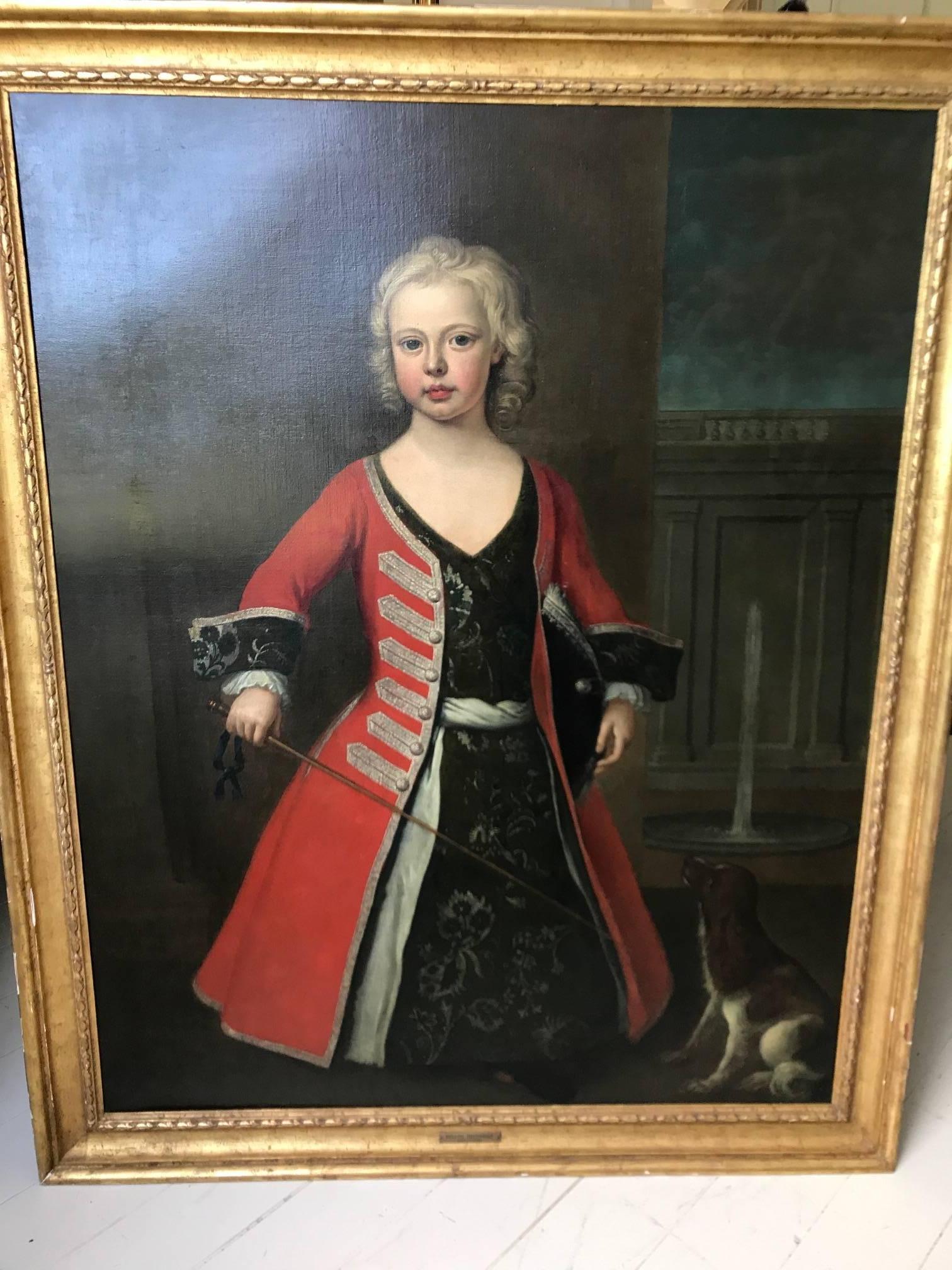 A portrait of prince William son of king George II. Oil on canvas painted by the Joseph Highmore.
Depicting William as a young boy, in military dress. He appears to be brandishing a fencing sward or large riding crop with his faithful dog at his