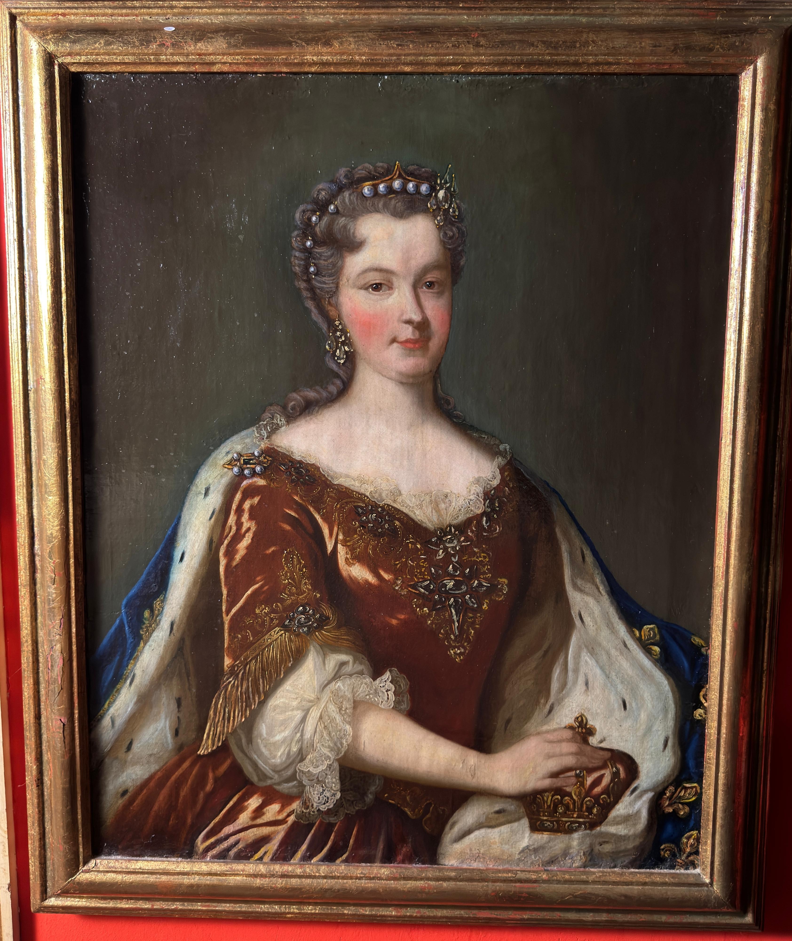 Porträt der Königin Marie Leszczynska, Gemahlin von Ludwig XV, Öl auf Leinwand, 18.

Öl auf Leinwand, das Marie Leszczynska, Königin von Frankreich und Gemahlin Ludwigs XV., in einem luxuriösen burgunderroten Brokatkleid mit Goldstickereien, Juwelen