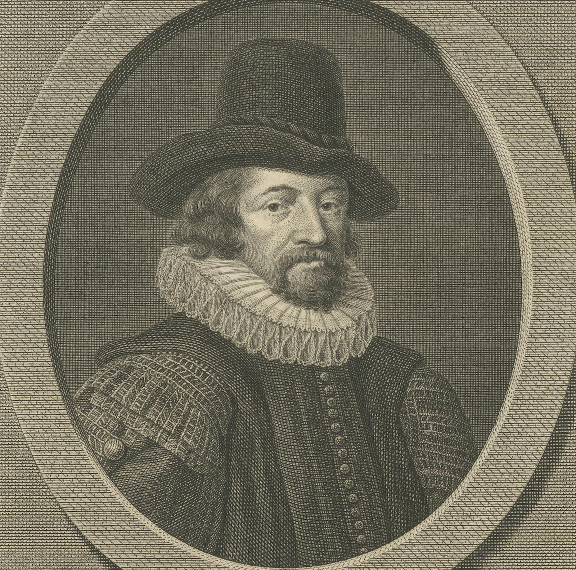 Engraved Portrait of Sir Francis Bacon – Late 18th-Century Engraving by R. Delvaux For Sale