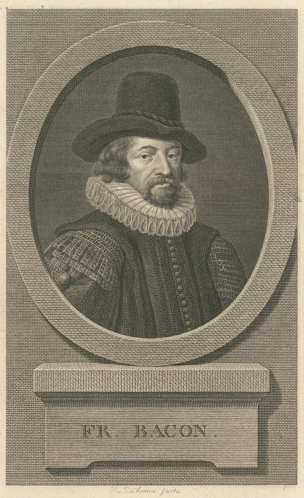 Portrait of Sir Francis Bacon – Late 18th-Century Engraving by R. Delvaux In Good Condition For Sale In Langweer, NL