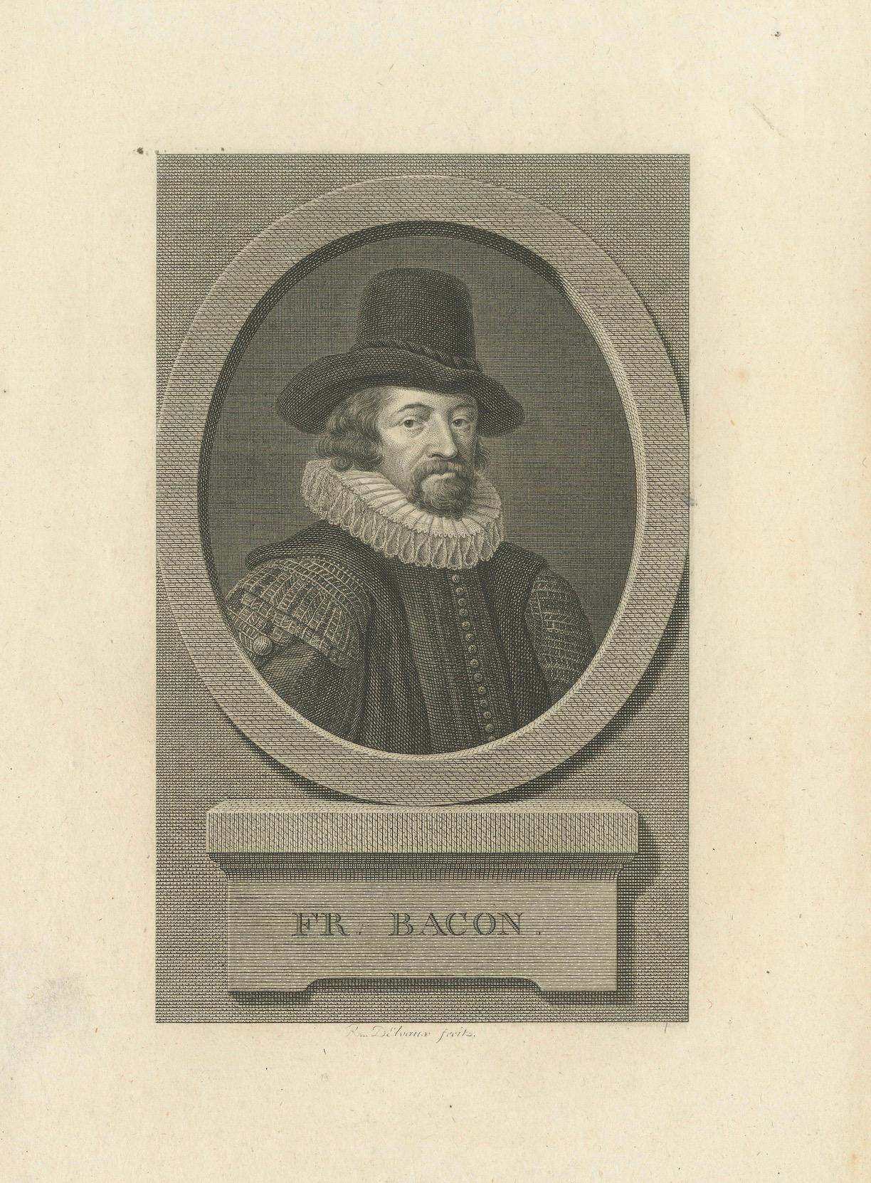 18th Century Portrait of Sir Francis Bacon – Late 18th-Century Engraving by R. Delvaux For Sale