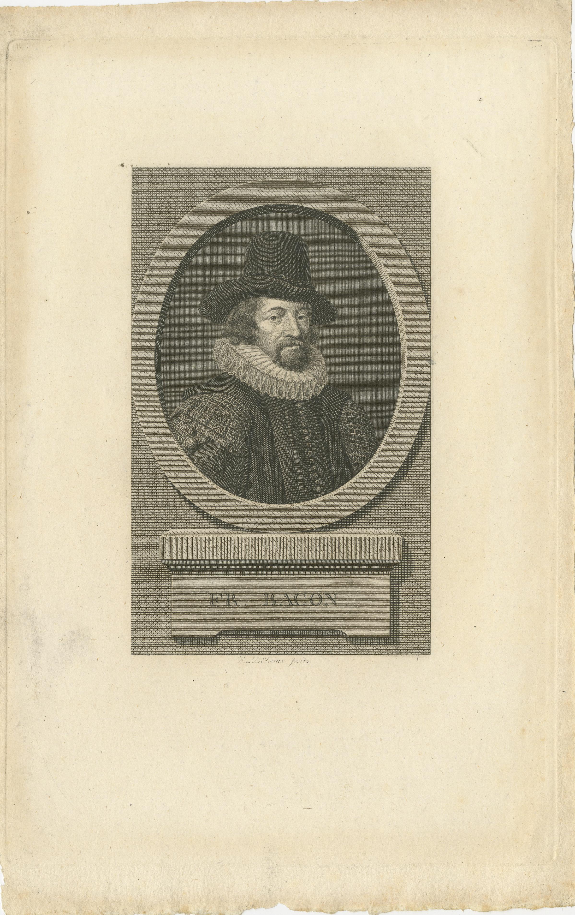 Paper Portrait of Sir Francis Bacon – Late 18th-Century Engraving by R. Delvaux For Sale