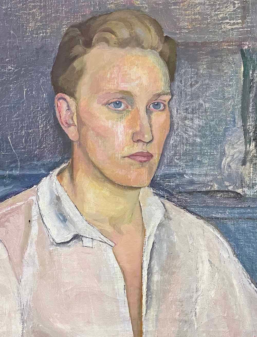 Beautifully painted in a quiet palette of blue, gray and warm skin tones, this portrait of a college student with blonde hair and fair complexion was made by Ernst Söderberg in 1920.  The artist painted on canvas, and then scratched away at the