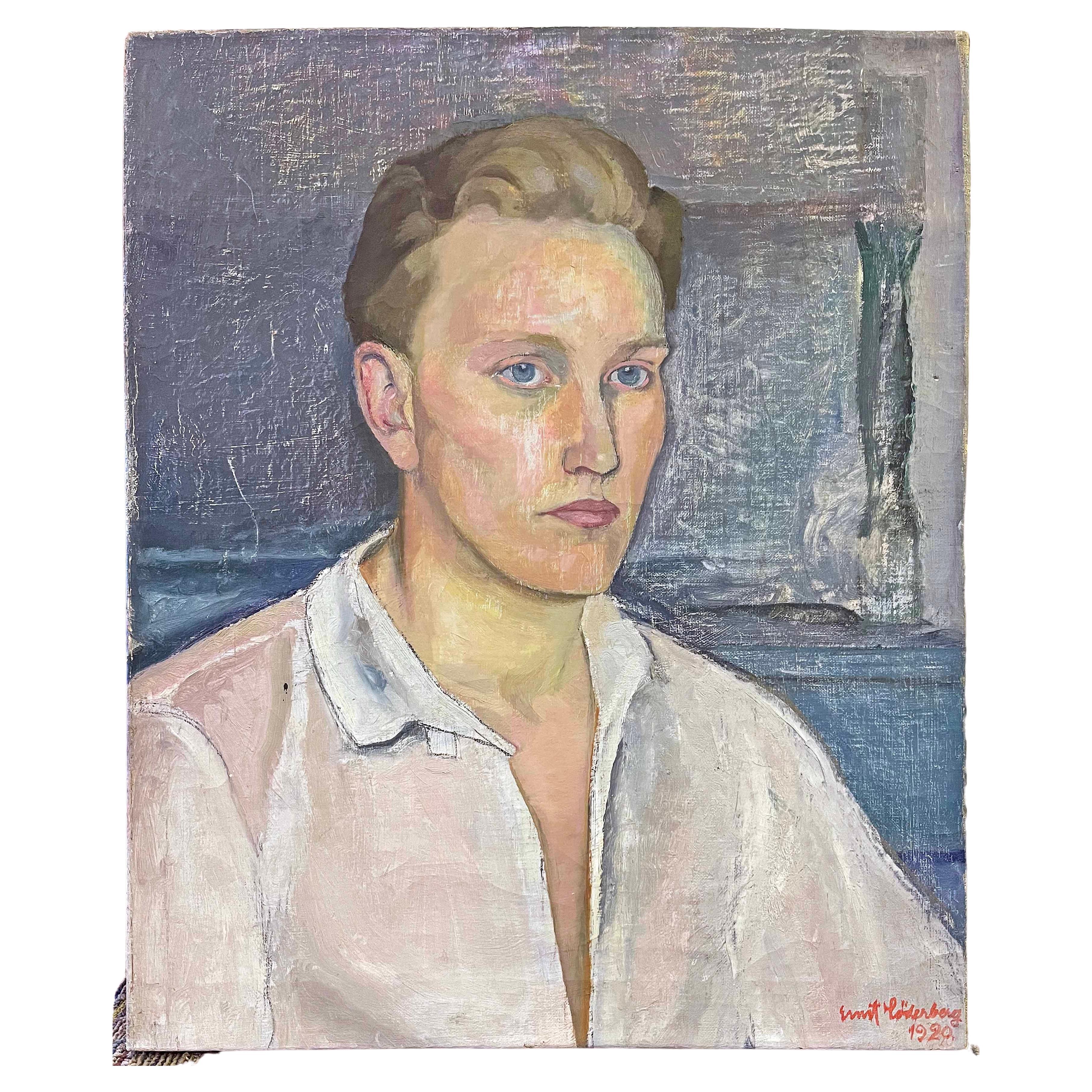 "Portrait d'une étudiante suédoise", peinture Art déco en bleu et gris par Söderbergs en vente