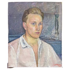 "Portrait d'une étudiante suédoise", peinture Art déco en bleu et gris par Söderbergs