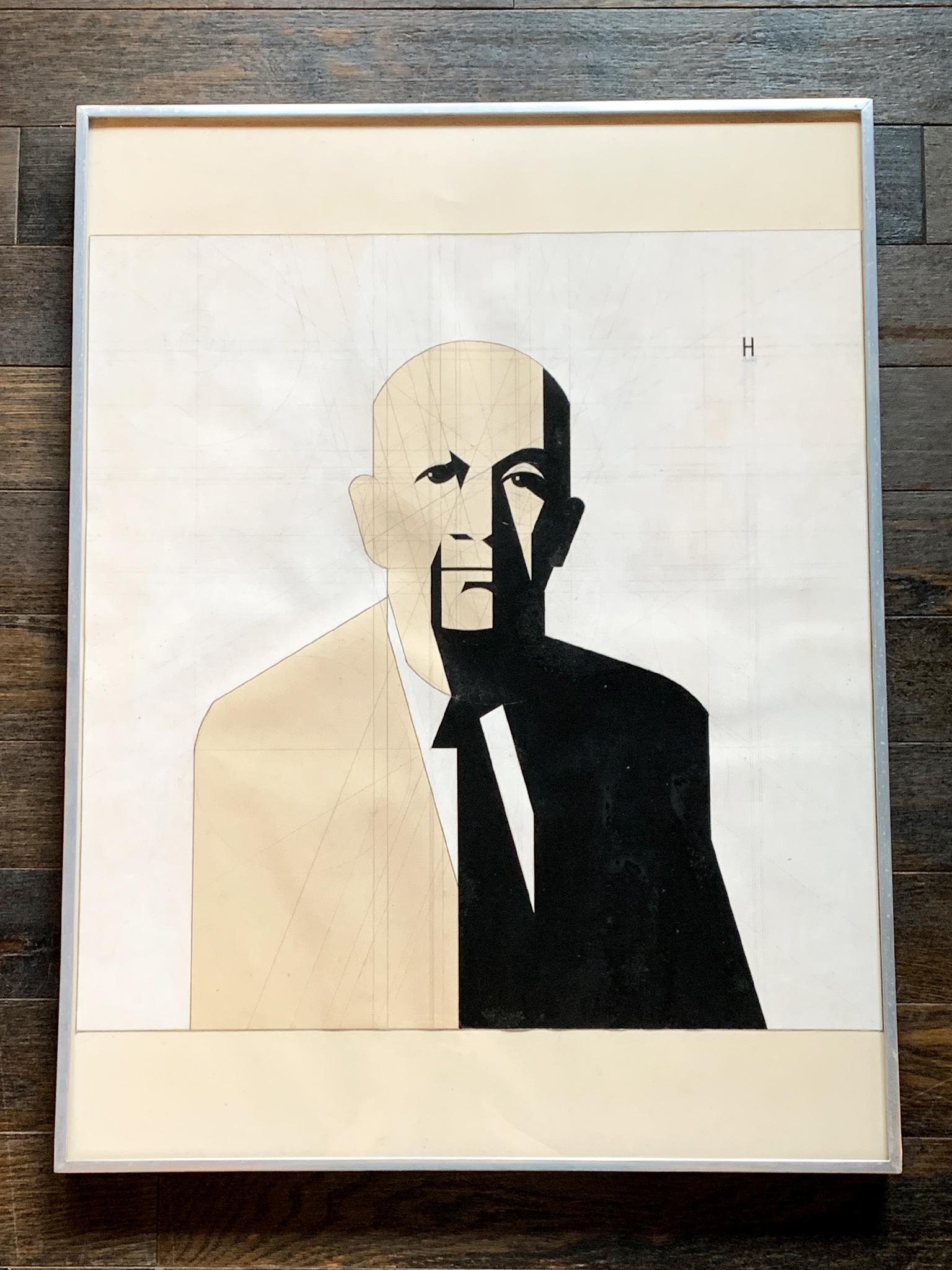 This drawing by Earl Hubbard (1923-2003) was made in 1964. It depicts the artist's father in simplified form and palette. The work is mixed-media on paper. It comes in a metal frame with glass cover.

Frame dimensions:
20 1/4 in. width
26 3/4