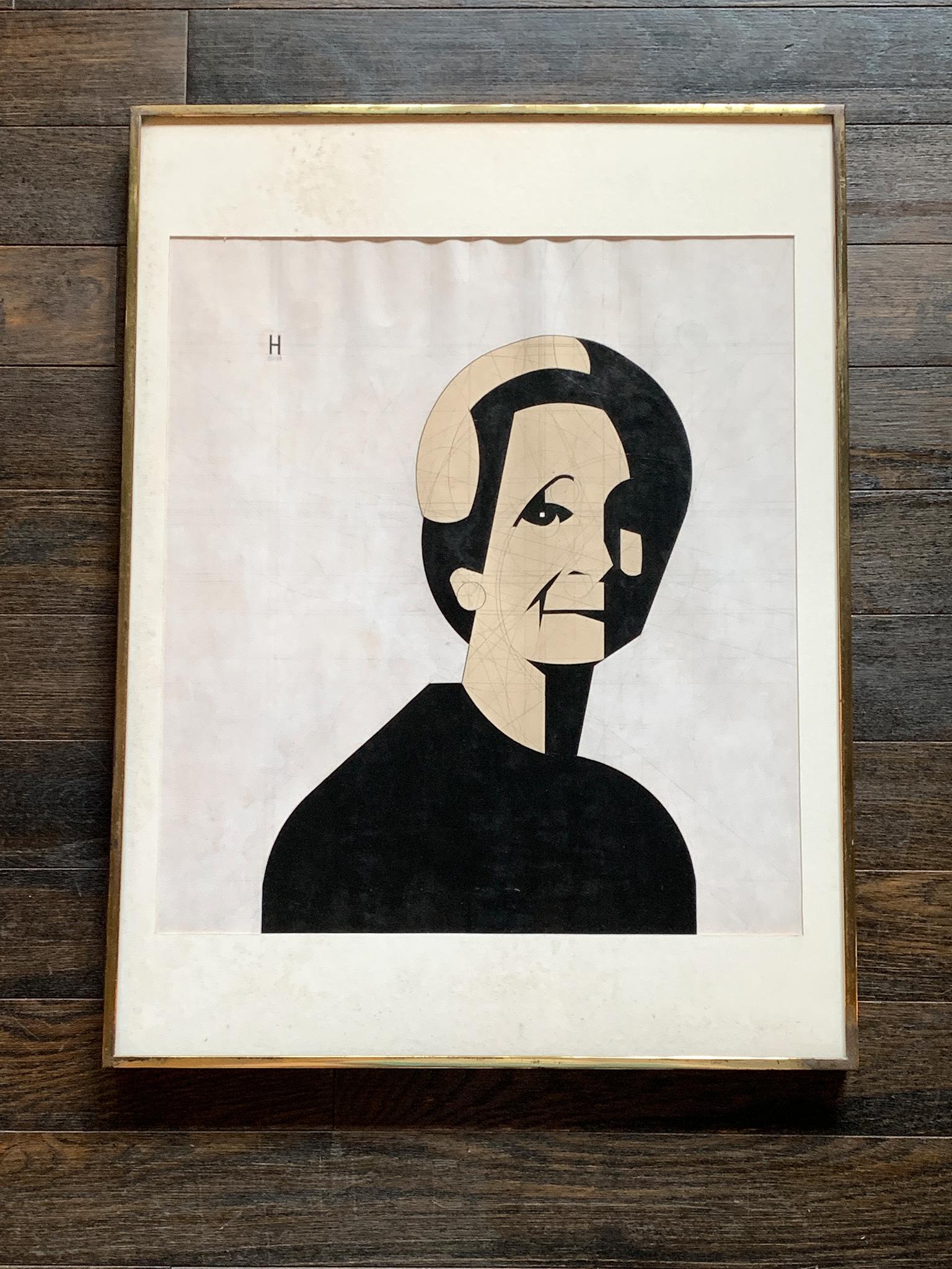 This 1964 drawing by Earl Hubbard (1923-2003) portrays his mother in a simplified form and black-and-white palette. The work is mixed-media on paper. It comes in a metal frame with glass cover.

Frame dimensions:
18 1/4 in. width
24 1/4 in.