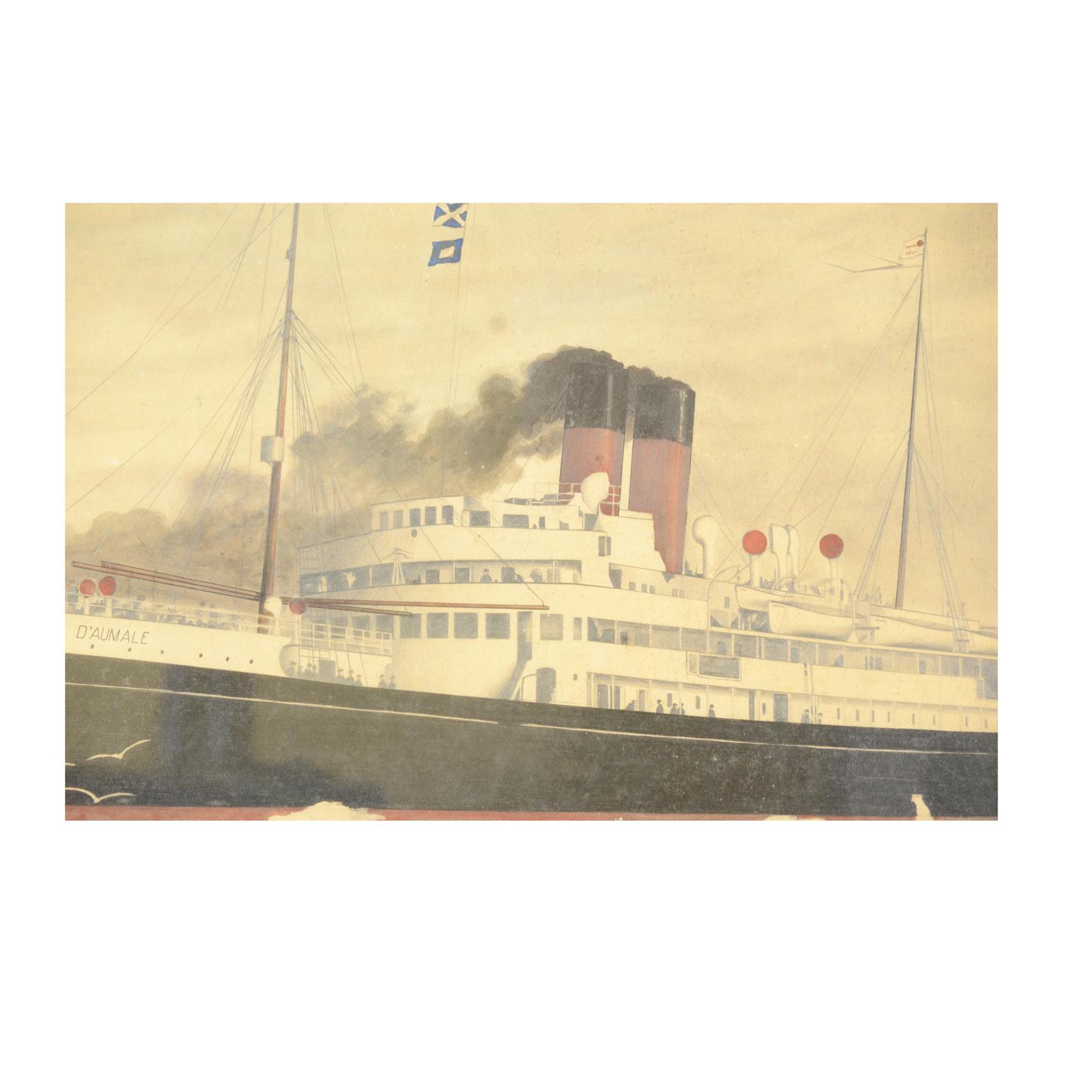 20th Century 1914 Painting depicting the Duc D'aumale Transatlantic, Wash Drawing and Pastel For Sale