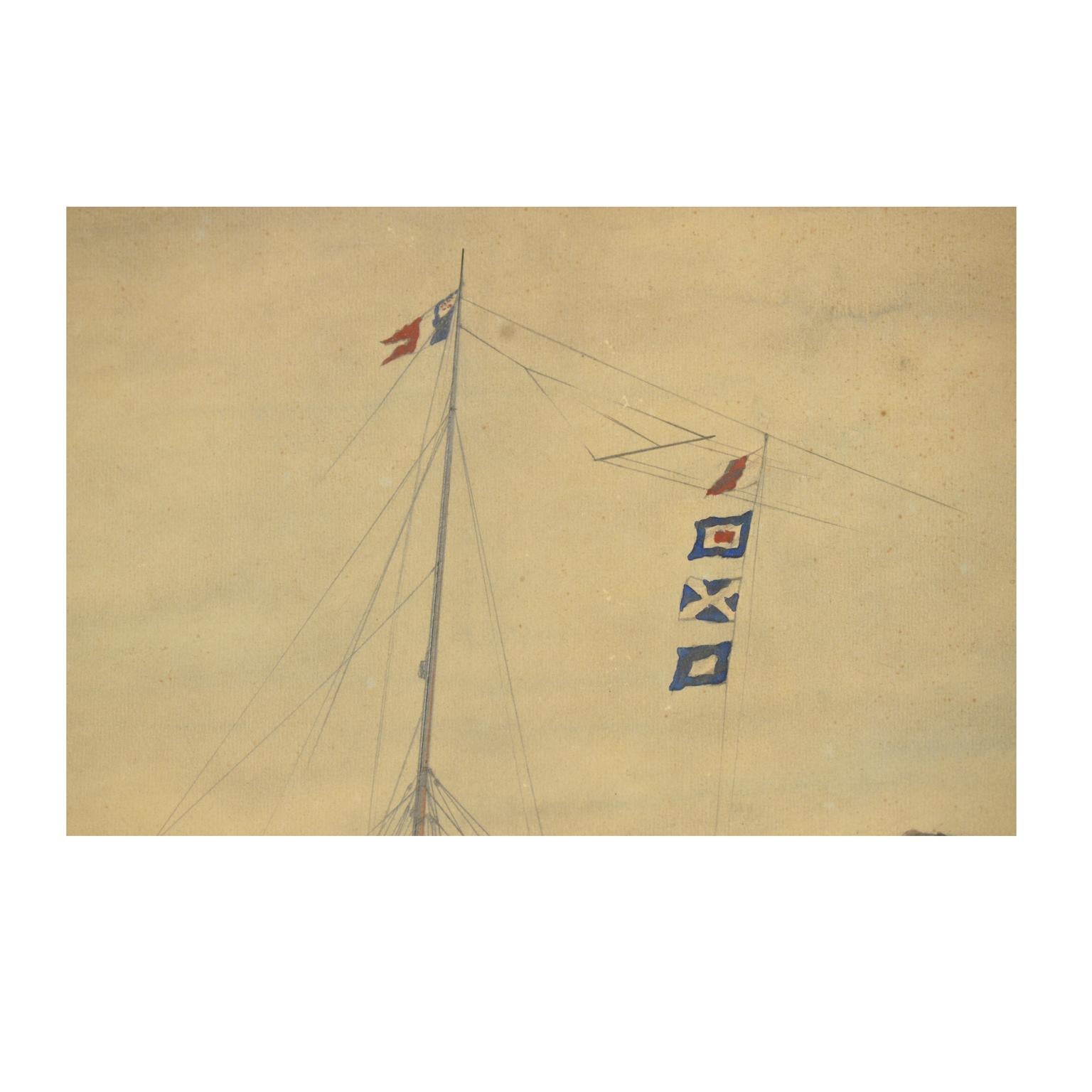 Paper 1914 Painting depicting the Duc D'aumale Transatlantic, Wash Drawing and Pastel For Sale