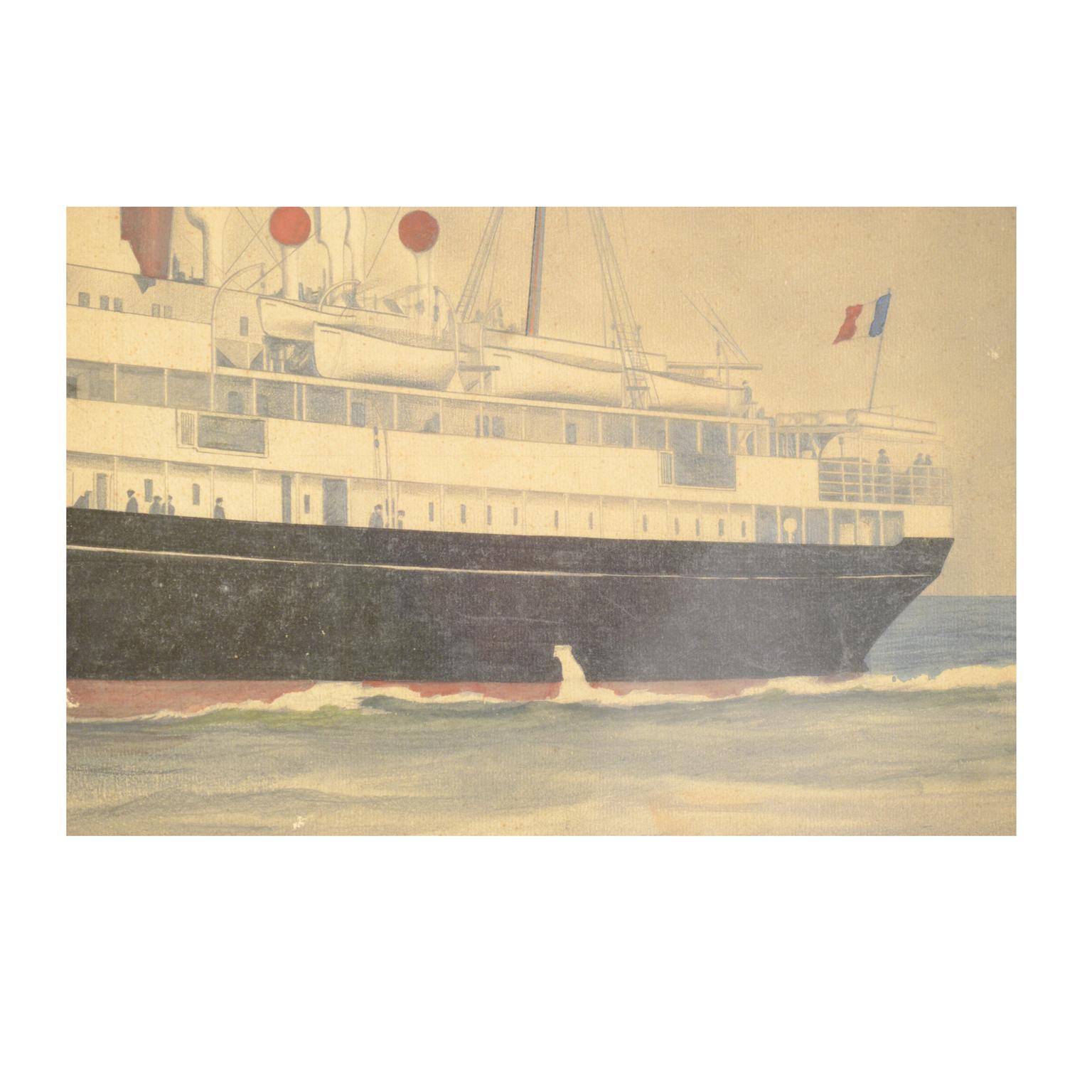 1914 Painting depicting the Duc D'aumale Transatlantic, Wash Drawing and Pastel For Sale 1