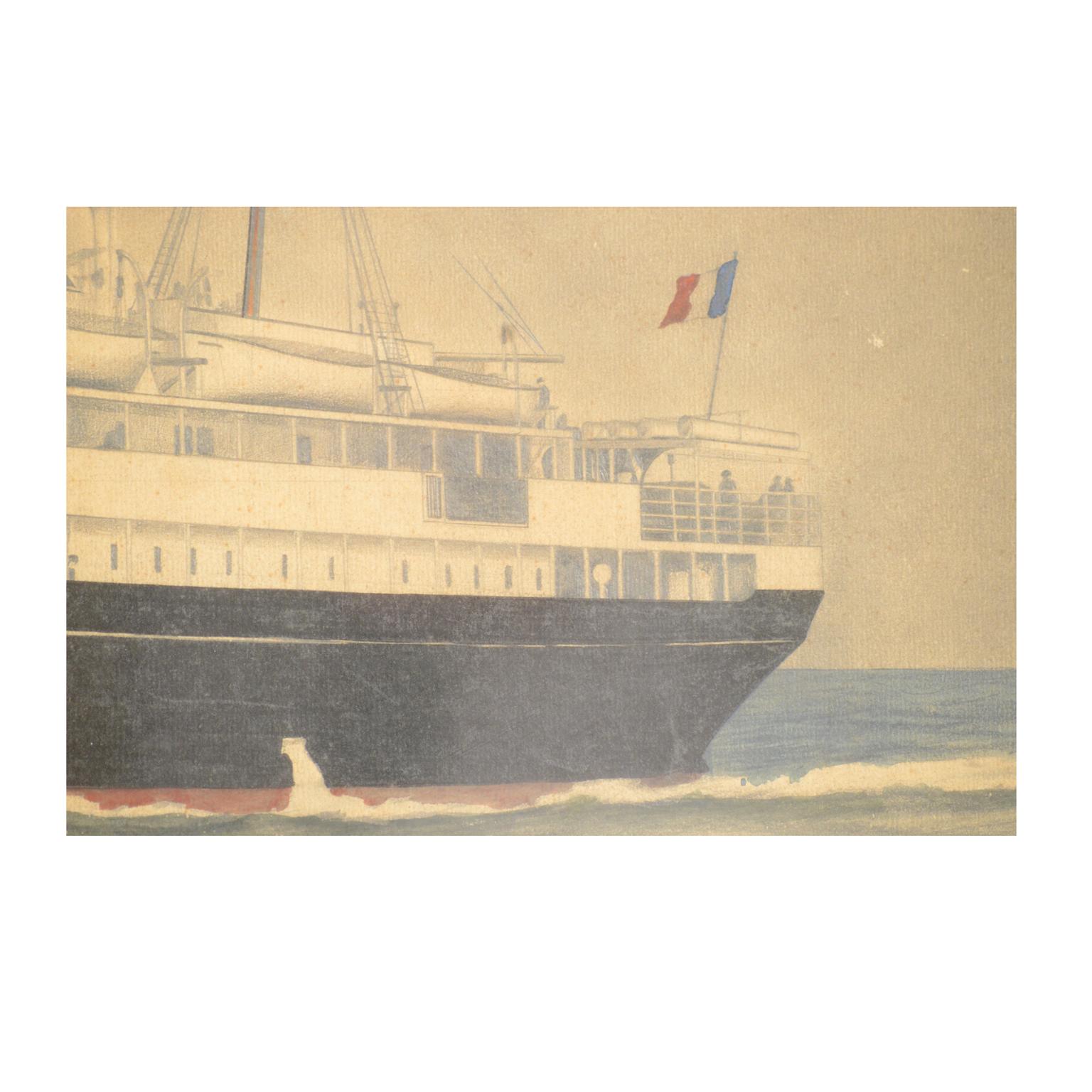 1914 Painting depicting the Duc D'aumale Transatlantic, Wash Drawing and Pastel For Sale 2