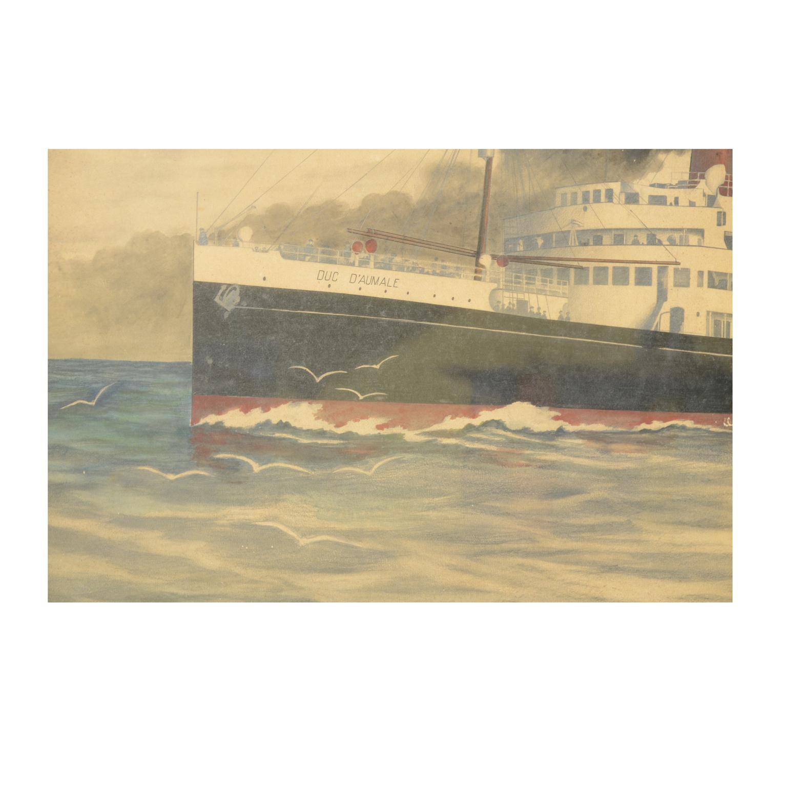 1914 Painting depicting the Duc D'aumale Transatlantic, Wash Drawing and Pastel For Sale 3