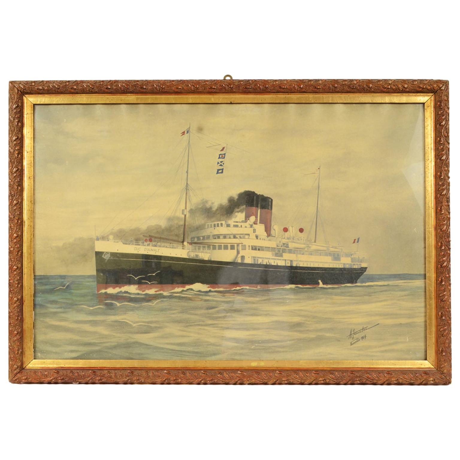 1914 Painting depicting the Duc D'aumale Transatlantic, Wash Drawing and Pastel