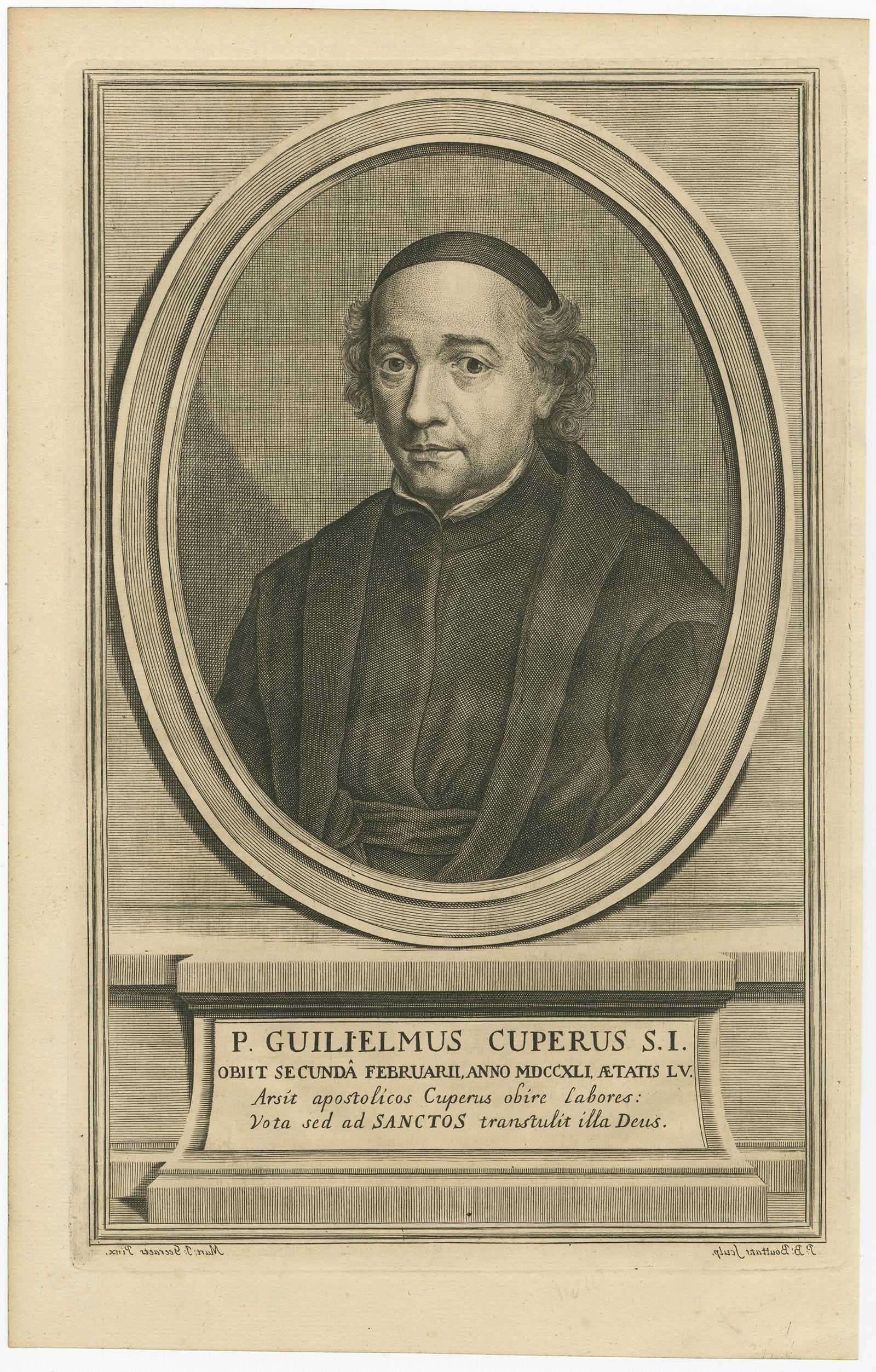Antique print, titled: 'P. Guilielmus Cuperus (…)' - Portrait of the Jesuit Willem (Guilielmus) Cuperus (1686 - 1741).

Source unknown, to be determined.

Artists and Engravers: Made by 'P. Bouttats' after 'Martinus Josephus