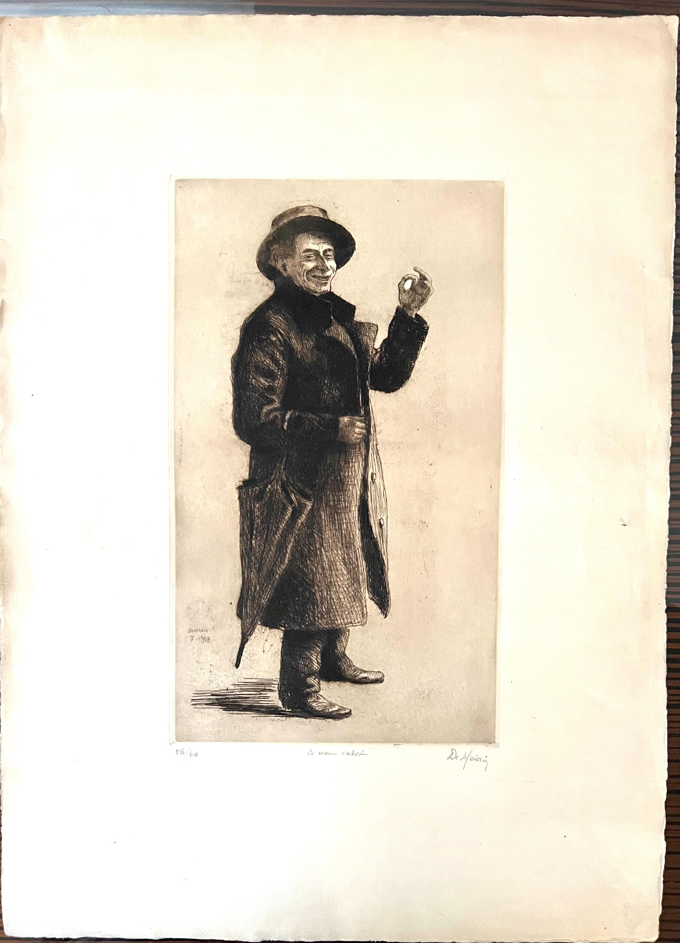 François DE HERAIN (1877-1962) ist ein französischer Maler, Bildhauer und Graveur. 
Die Zeichnung zeigt einen Mann in Mantel und Hut, der einen Regenschirm an der Seite hält. Er macht eine Geste mit zwei Fingern und zeigt dabei ein Grinsen auf