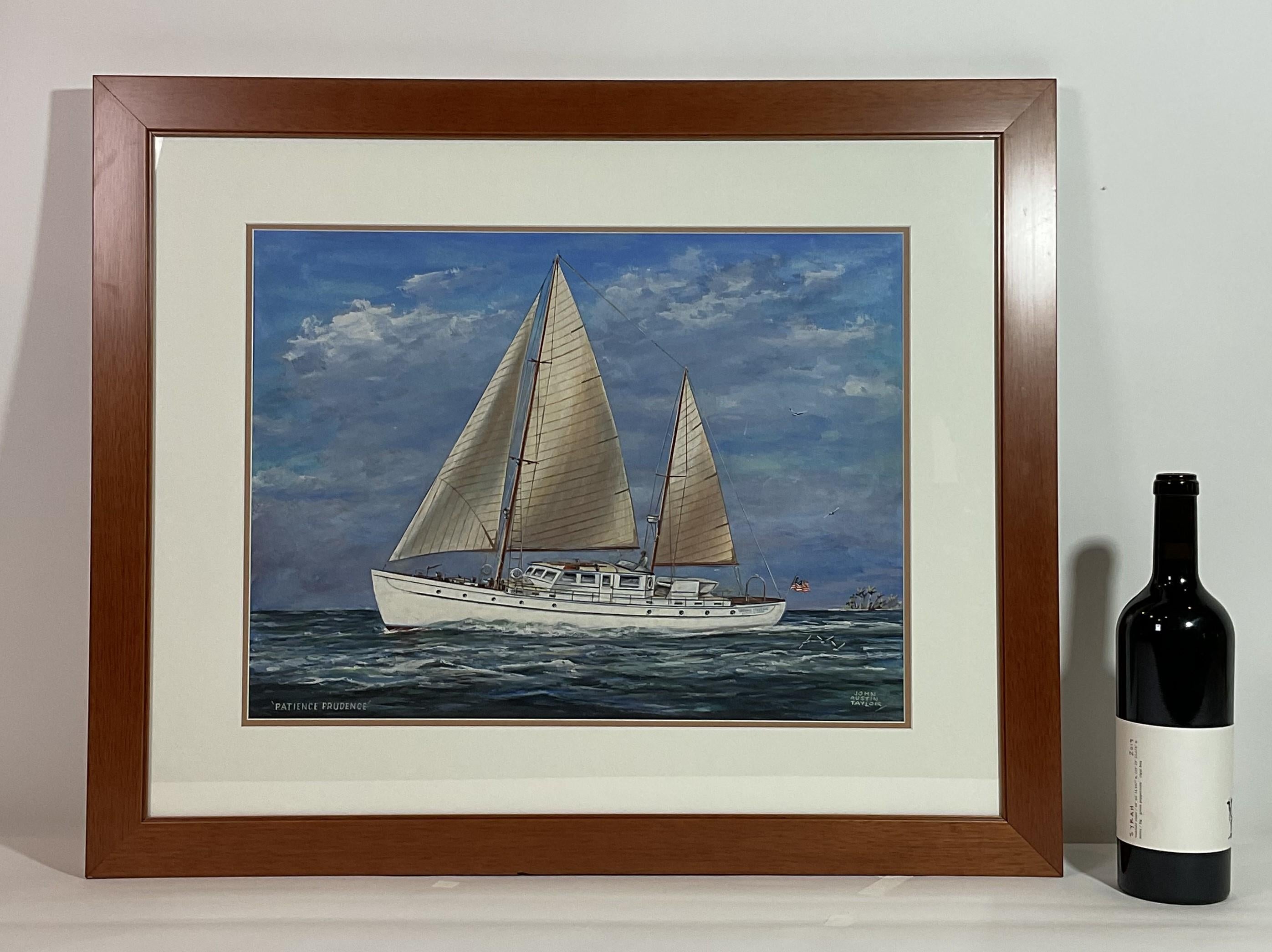 Gouache on board of the motor sailing yacht Patience Prudence by John Austin Taylor. The vessel is shown under full sail with a captain at the helm. The vessel has a white hull and raised cabin. Palm trees are seen astern. Double matted and