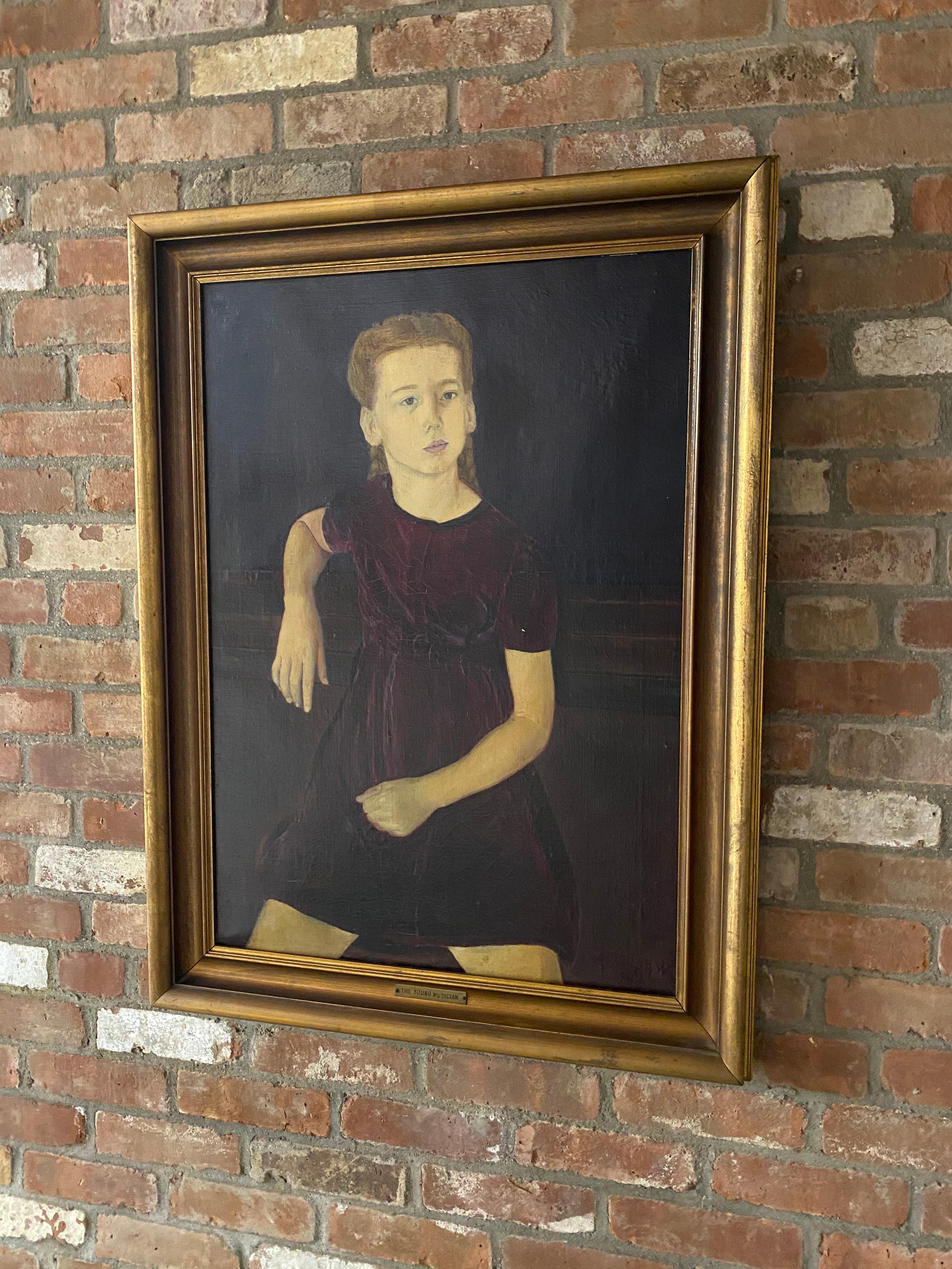 Oil paint on canvas, circa 1944. Signed and dated lower right, A.T. Law, '44. Sweet, yet serious portrait of budding musician. Painted at the height of WWII. The piece still retains the exhibition label and framer's label. Good overall condition