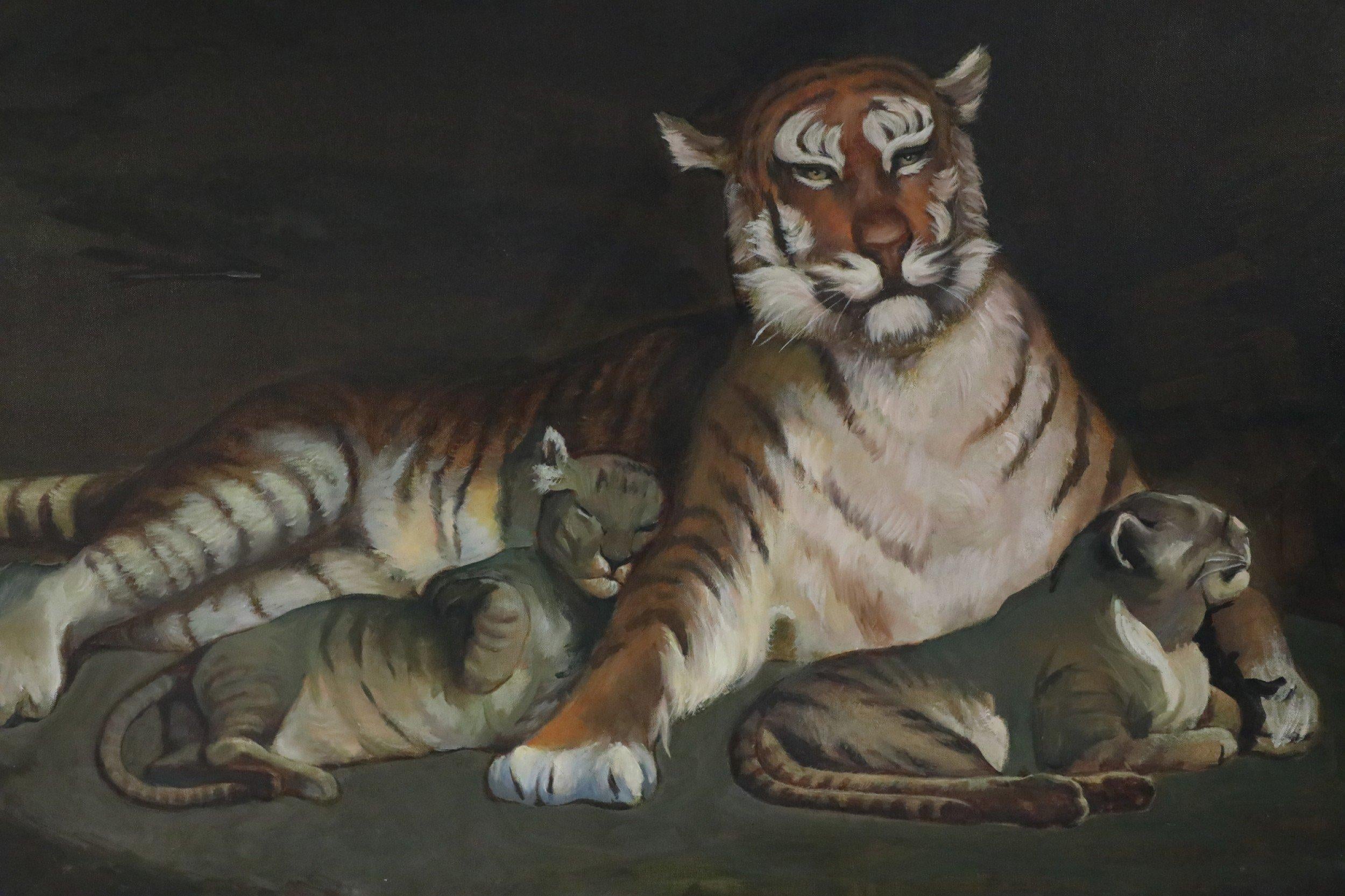 Mid-Century Modern Portrait of Tiger with Cubs Painting on Canvas For Sale