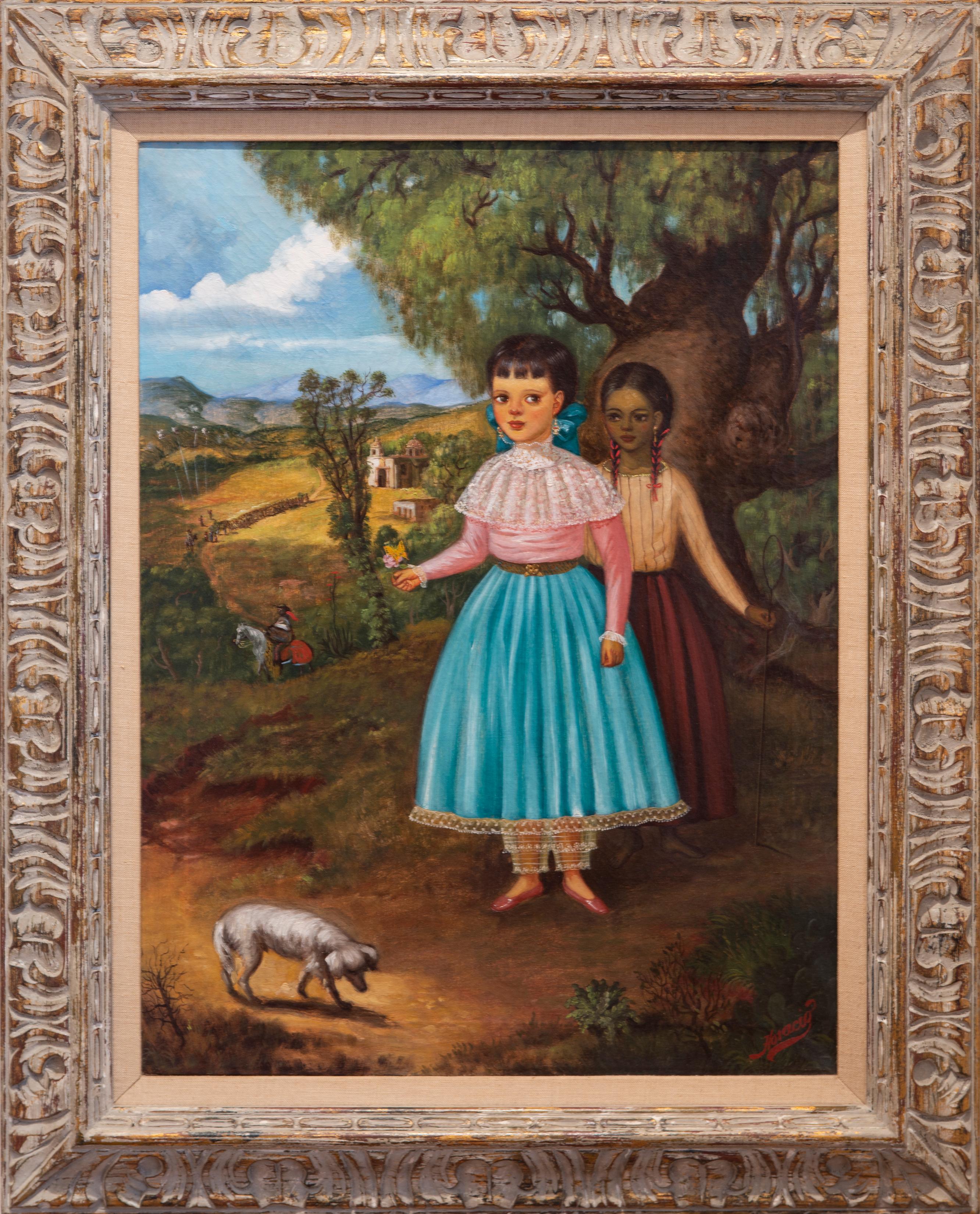 Horacio Rentería Rocha oil paintings are mostly small panels representing idealized and magnificently dressed children. Typically, these are surrounded by beautiful Mexican cultural objects such as for example Piñatas. Pets, especially dogs and