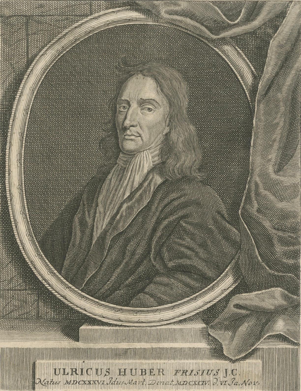 XVIIIe siècle Portrait d'Ulrik Huber - Philosophe juridique et juriste néerlandais, Gravure c.1700 en vente