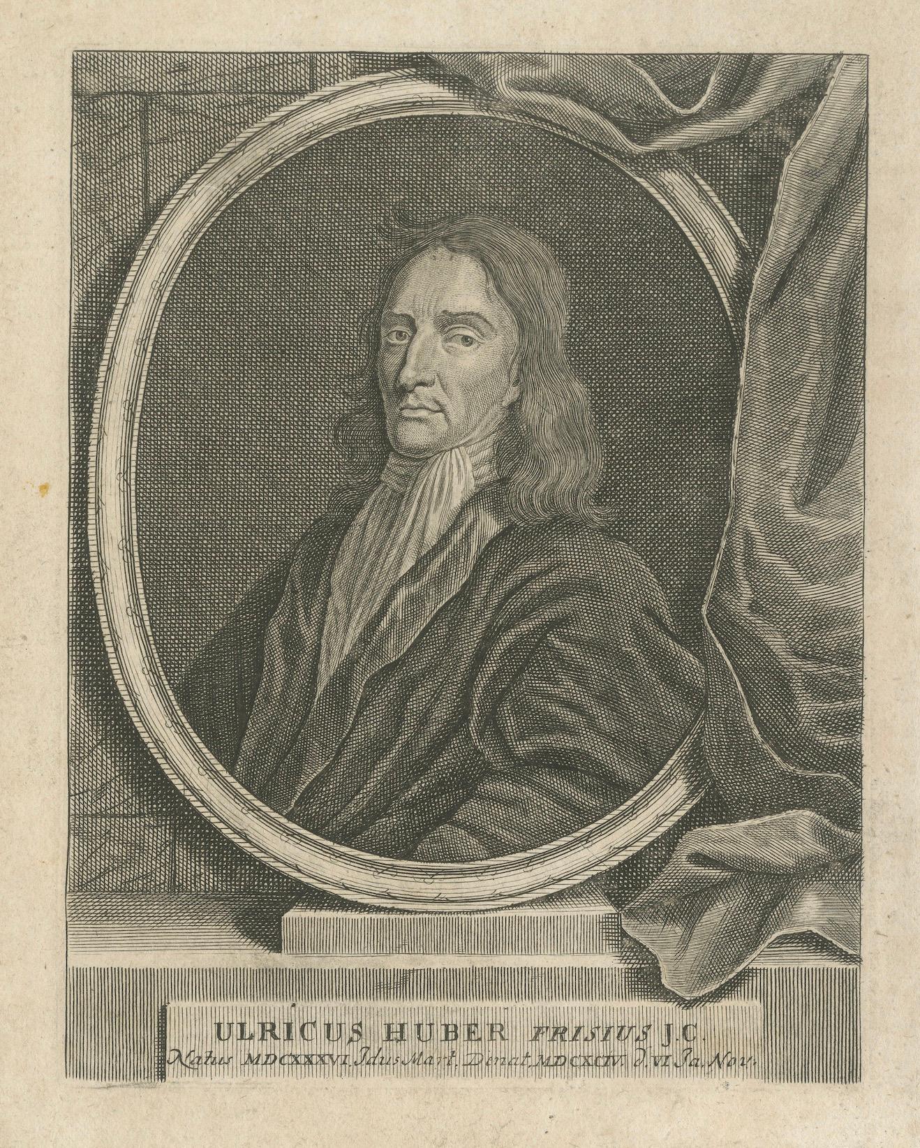 Papier Portrait d'Ulrik Huber - Philosophe juridique et juriste néerlandais, Gravure c.1700 en vente