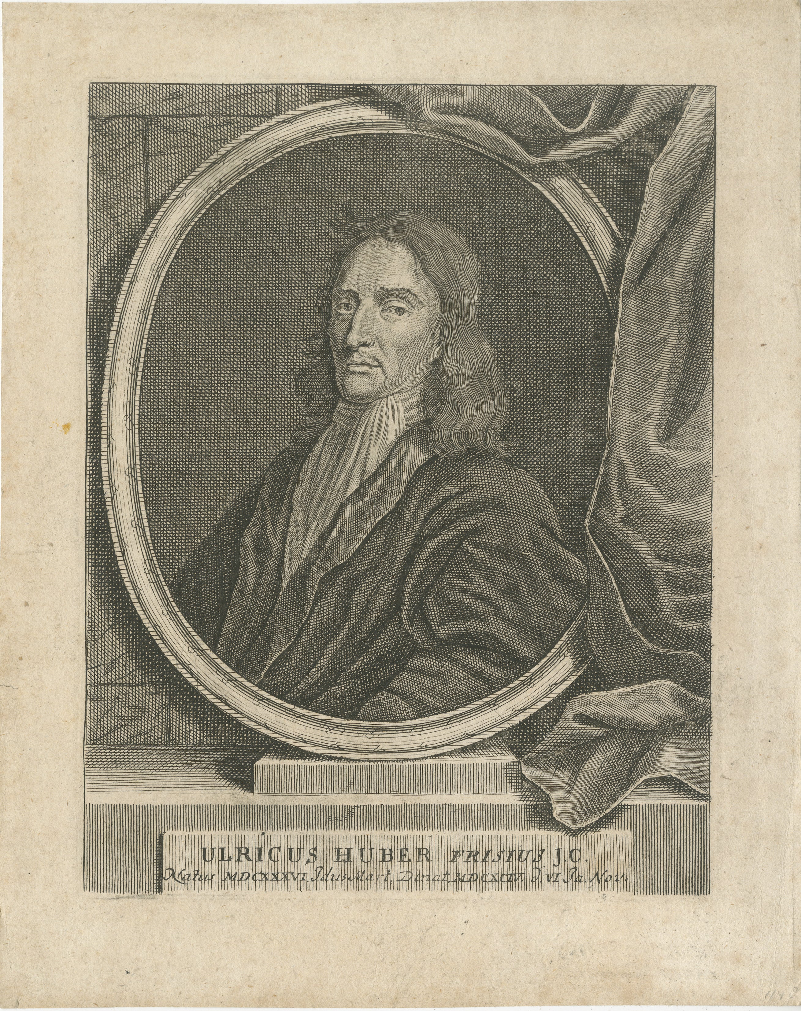 Portrait d'Ulrik Huber - Philosophe juridique et juriste néerlandais, Gravure c.1700 en vente