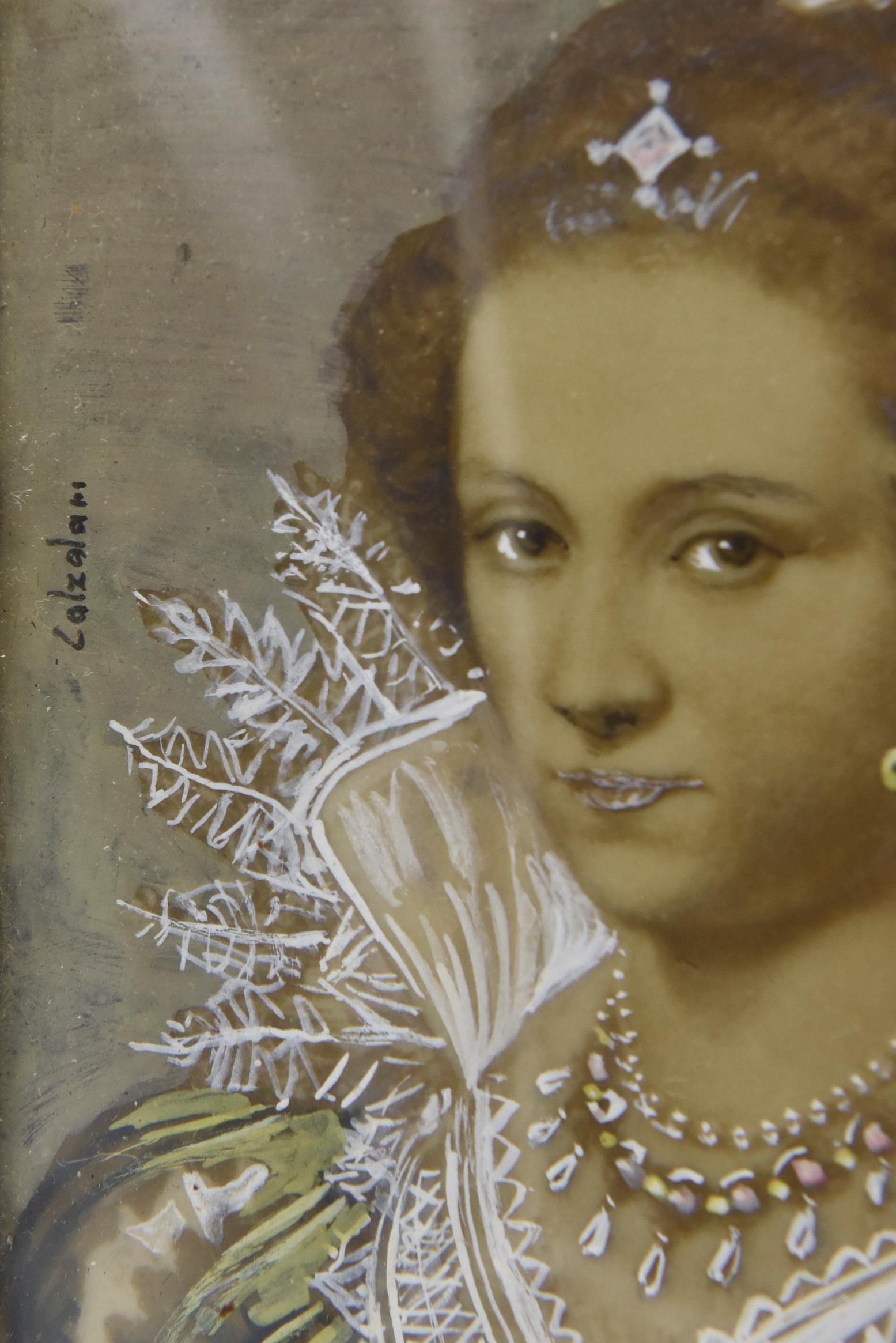 Portrait Painting of a Royal Elizabethan Woman by Ida Calzolari In Fair Condition In Miami Beach, FL
