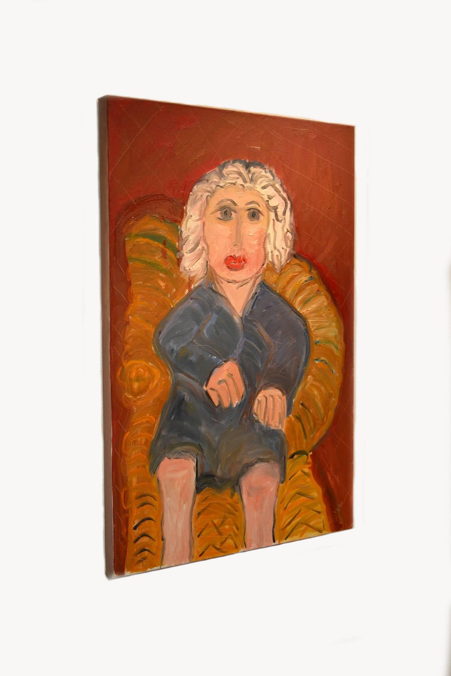 This exceptional painting titled portrait of white haired lady on wicker is by highly listed and respected self-taught artist JoAnne Fleming (b. 1930). The artist's characteristic style exudes a Primitive quality to each and every work of art she