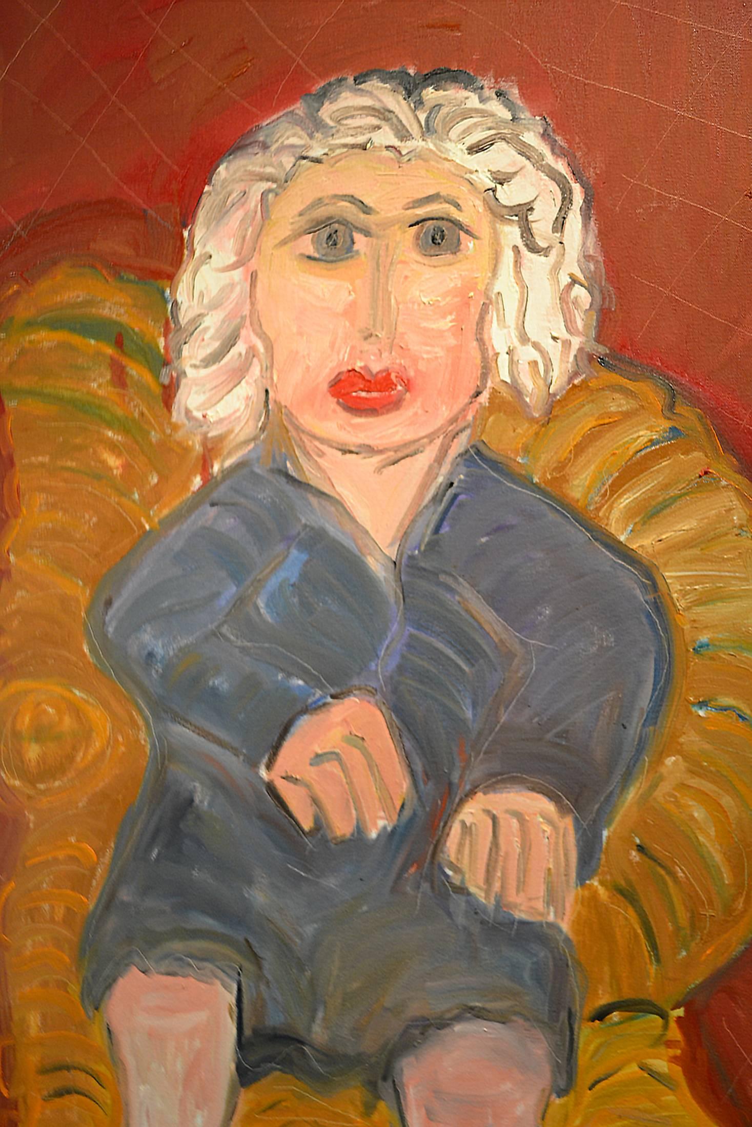 American Portrait of White Haired Lady on Wicker Chair by Artist JoAnne Fleming For Sale