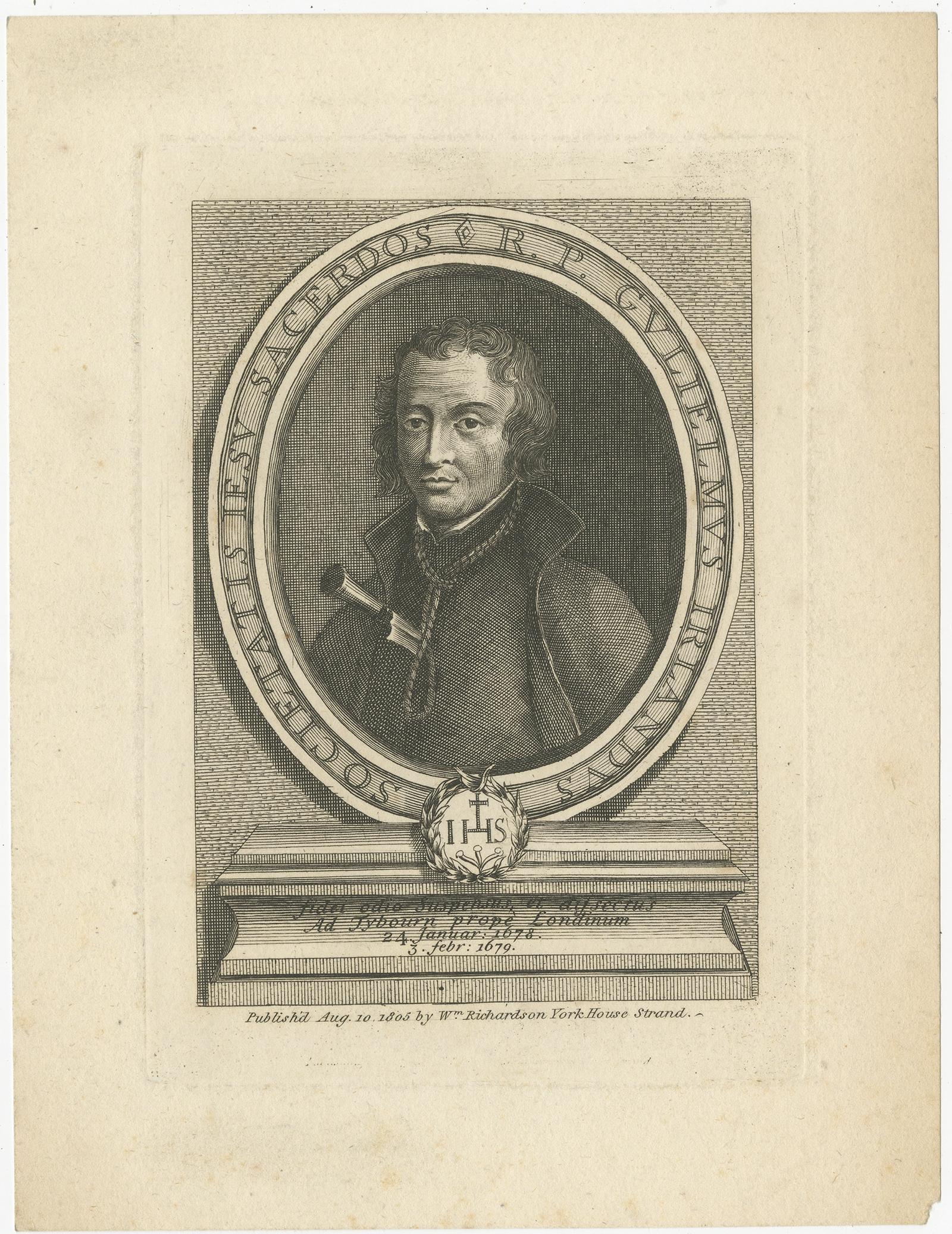 Antique print titled 'Societatis Iesu Sacerdos R.P. Gulielmus Irlandus'. 

Portrait of William Ireland, a Jesuit and martyr from Lincolnshire. He was executed during the reign of King Charles II for participating in the 'Popish Plot' against the