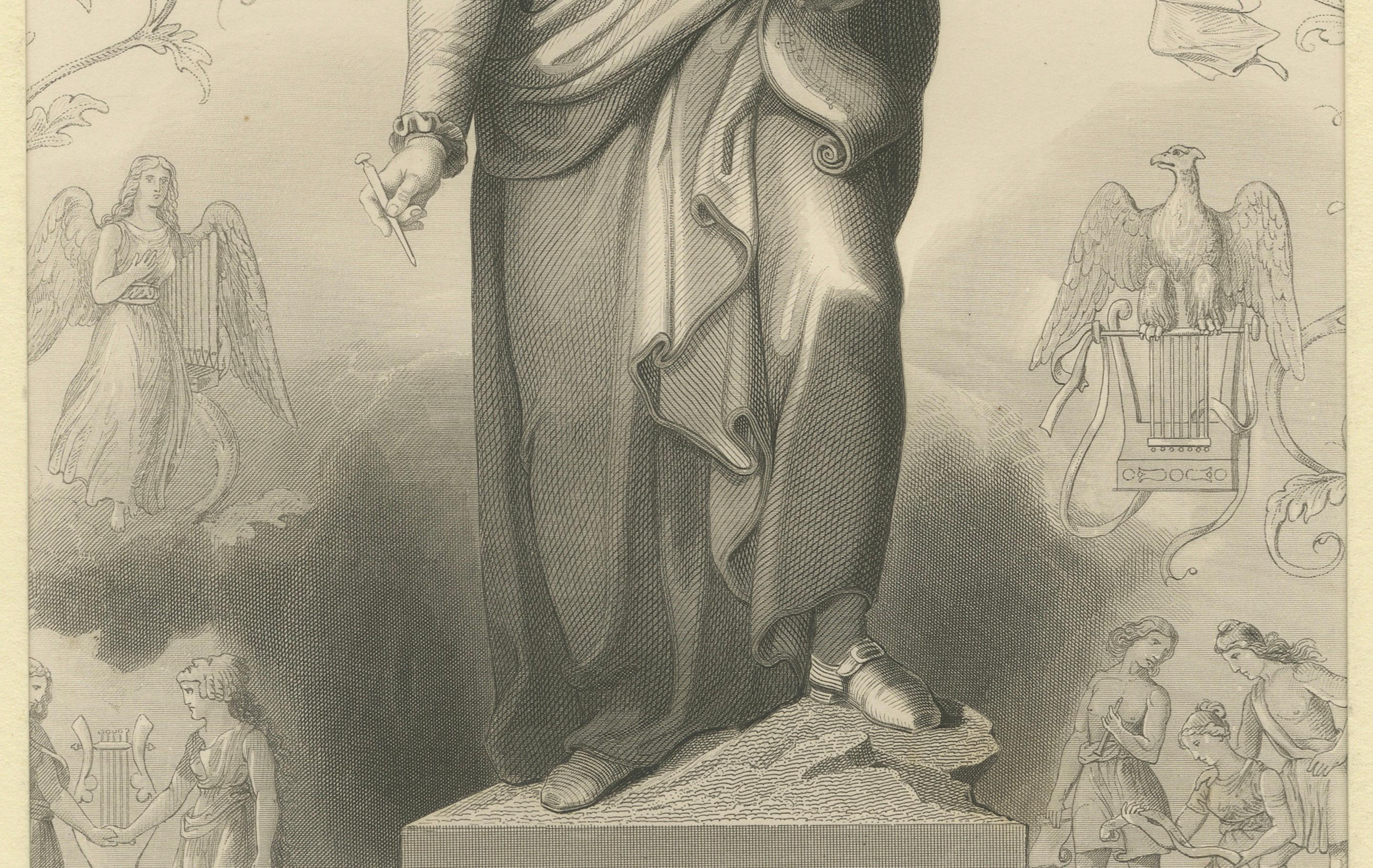 Porträt von Wolfgang Amadeus Mozart, Brain & Payne, London, um 1830

Dieser elegante antike Kupferstich zeigt den großen Komponisten Wolfgang Amadeus Mozart (1756-1791) in voller Länge als statuenhafte Figur, erhöht auf einem Sockel mit einem