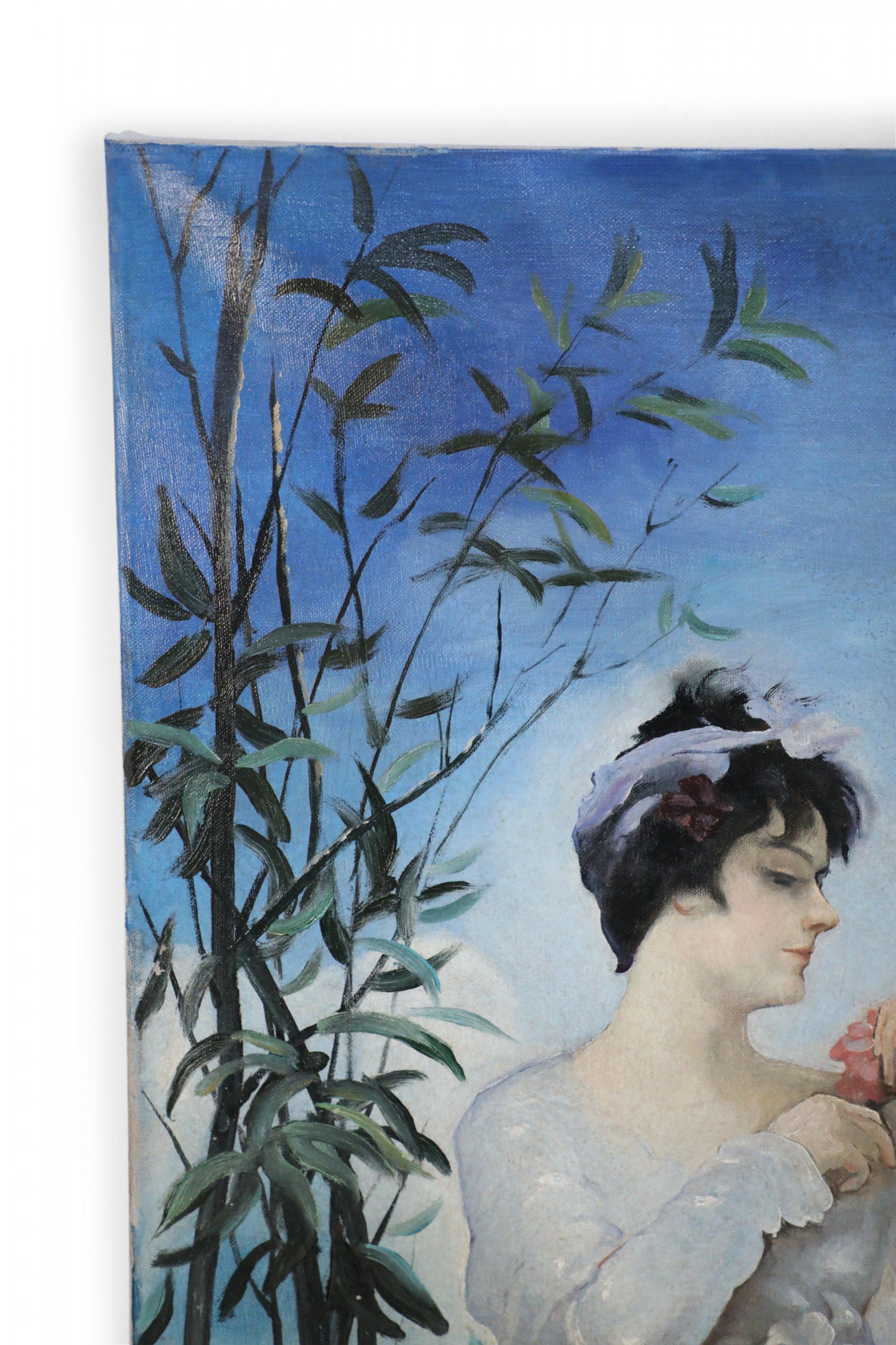 Portrait de femme dans un jardin - Peinture à l'huile sur toile en vente 3