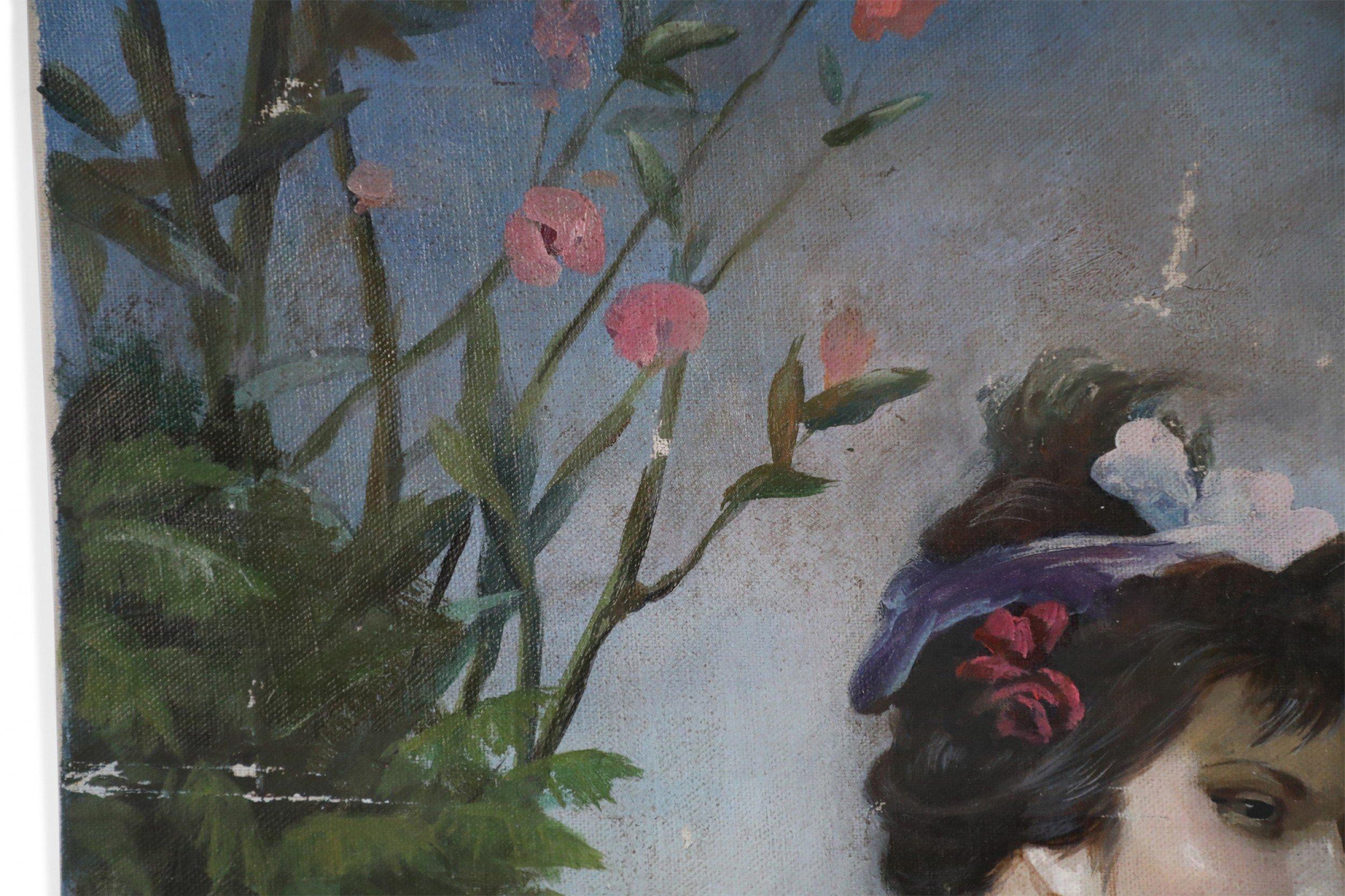 Portrait de femme dans un jardin - Peinture à l'huile sur toile en vente 4